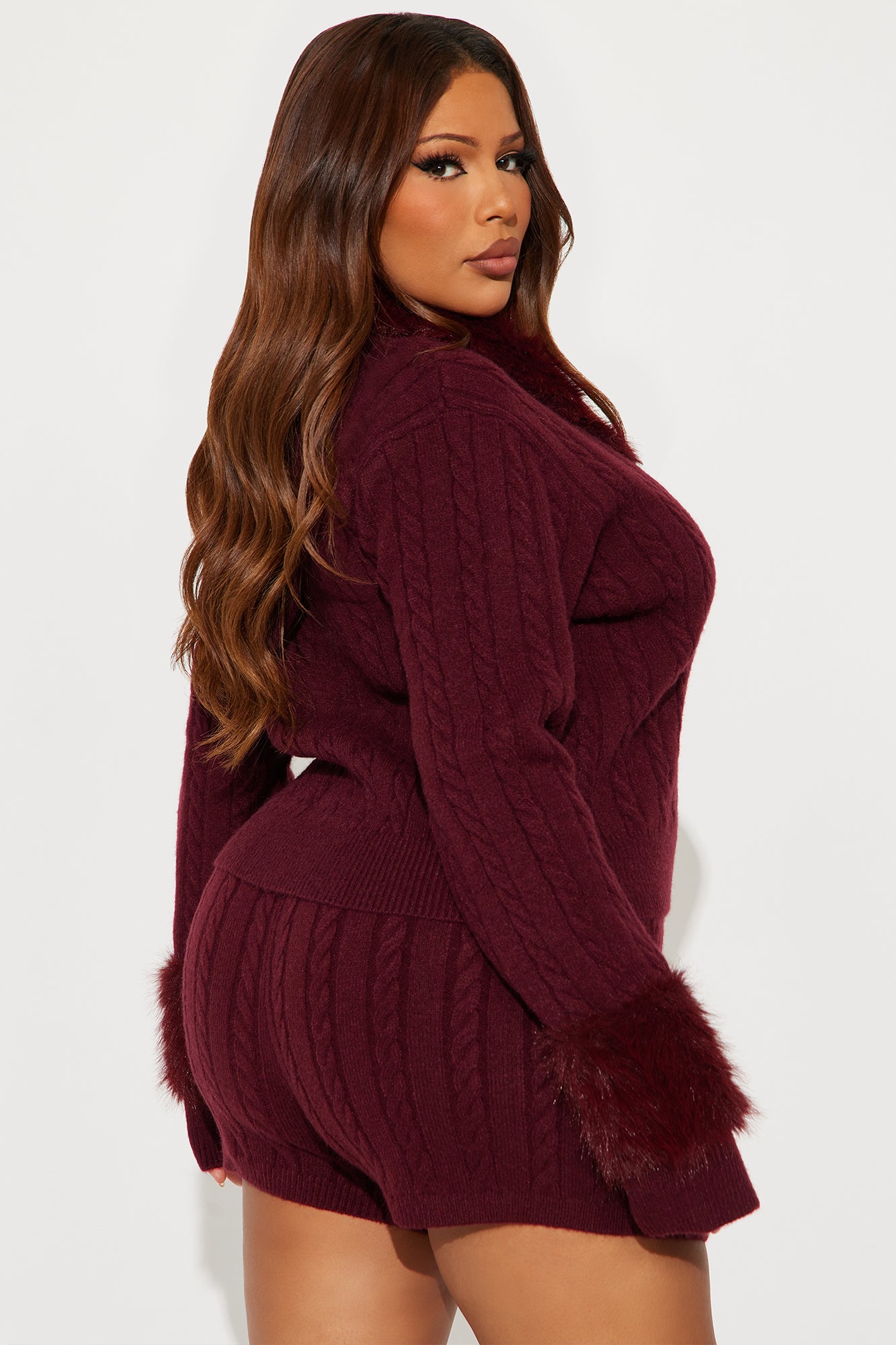 Ravyn Faux Fur Sweater Short Set - Burgundy