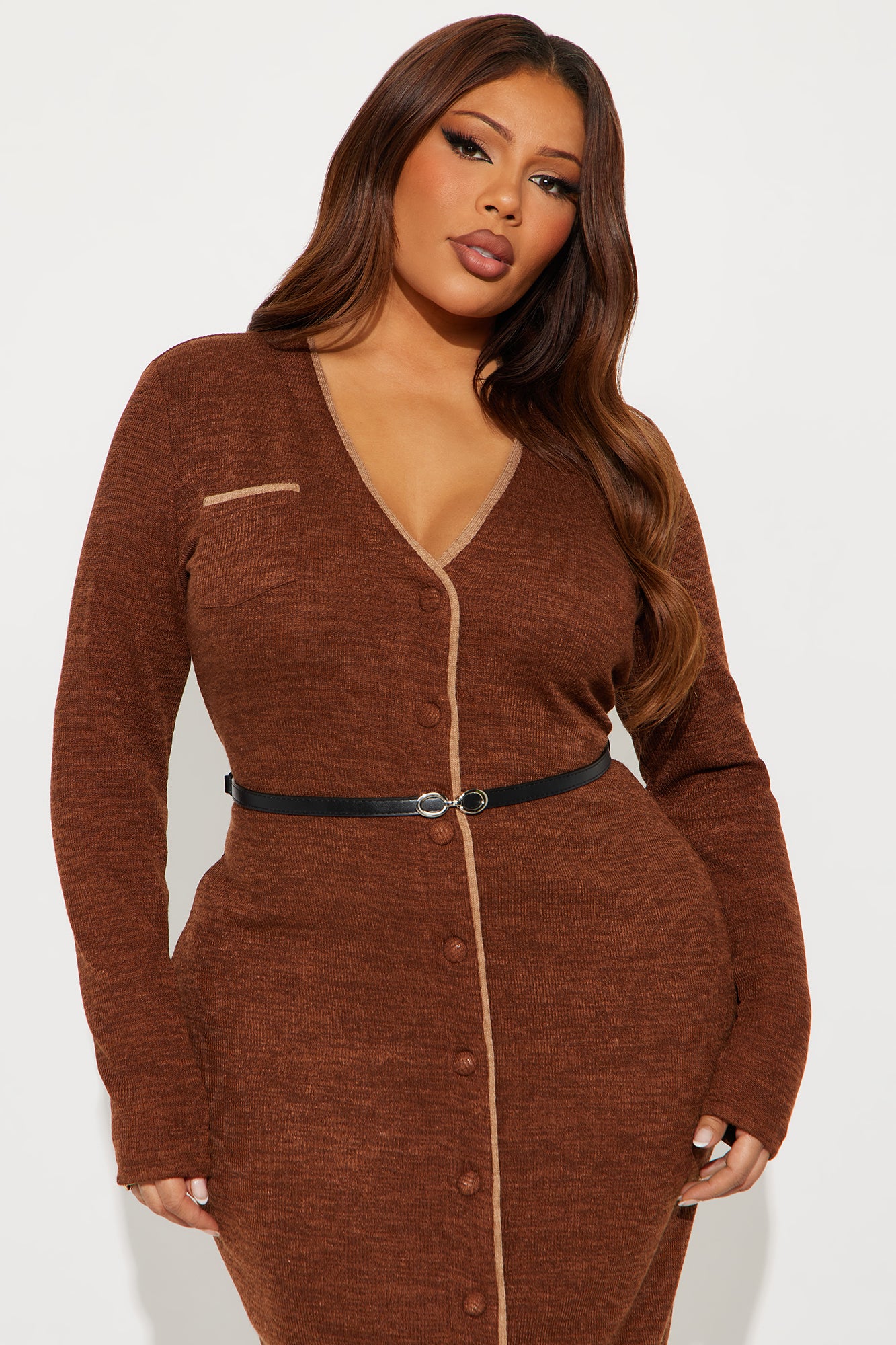 Genesis Belted Sweater Midi Dress - Brown Combo