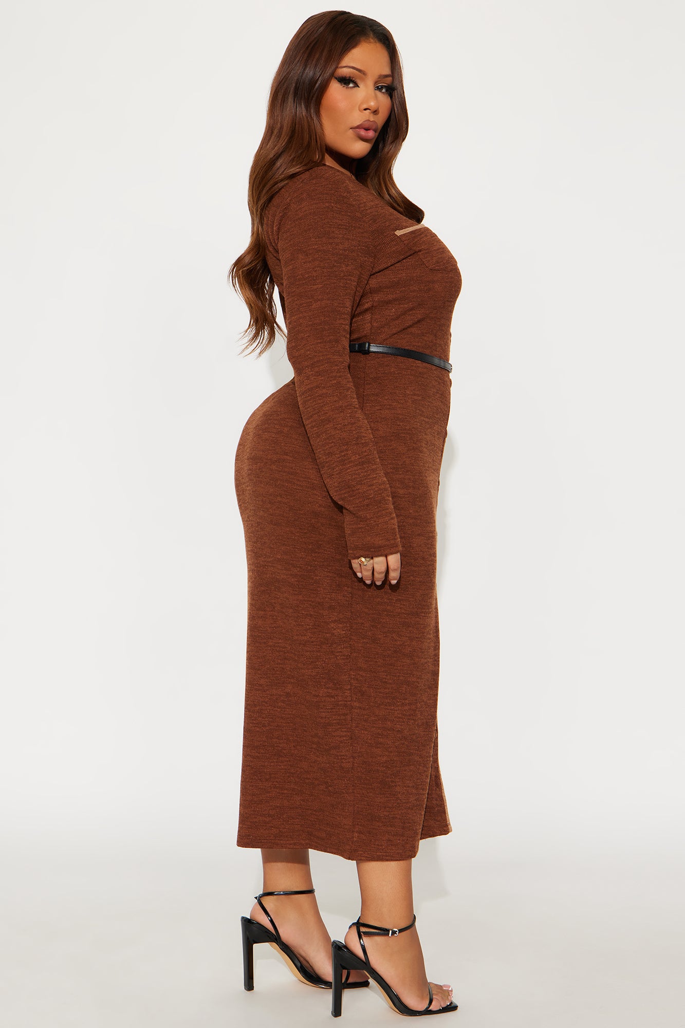 Genesis Belted Sweater Midi Dress - Brown Combo