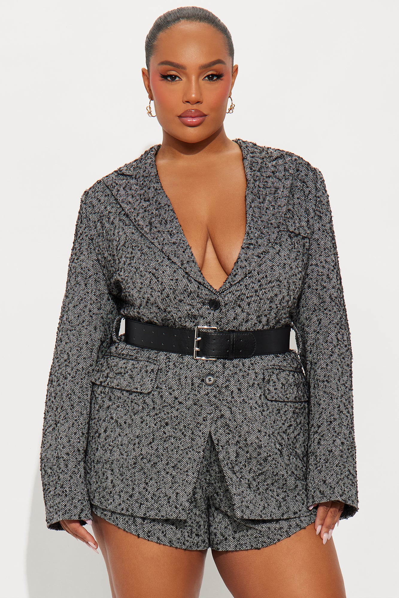 No Drama 3 Piece Belted Blazer Short Set - Black/White