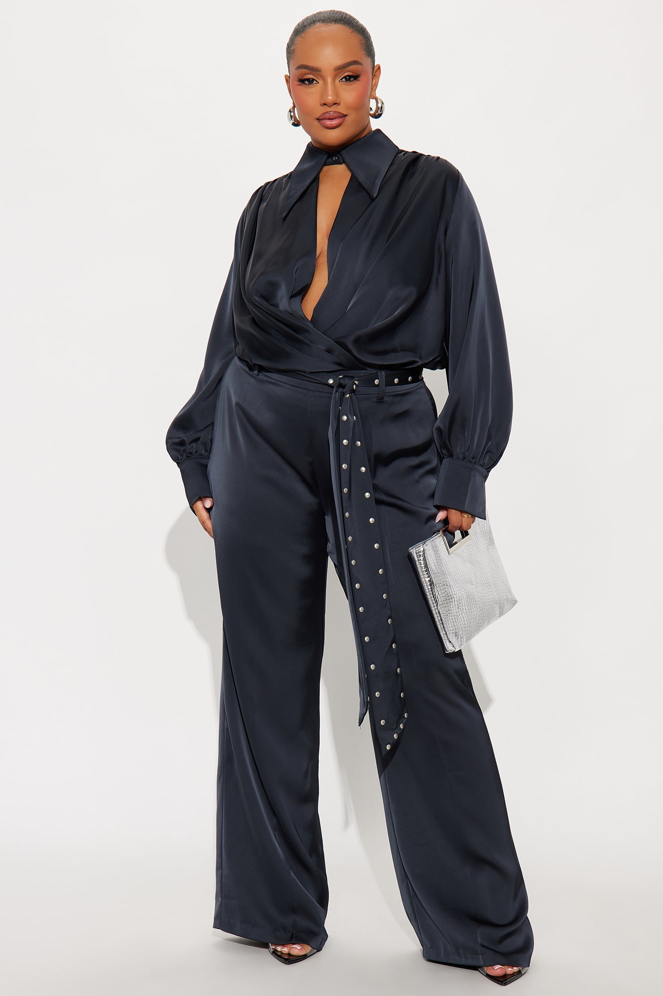 Kyla Collar Belted Pant Set - Grey