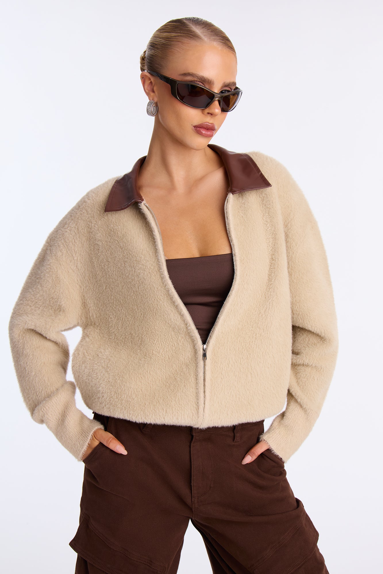 Got That Sense Front Zip Fuzzy Cardigan - Taupe/combo