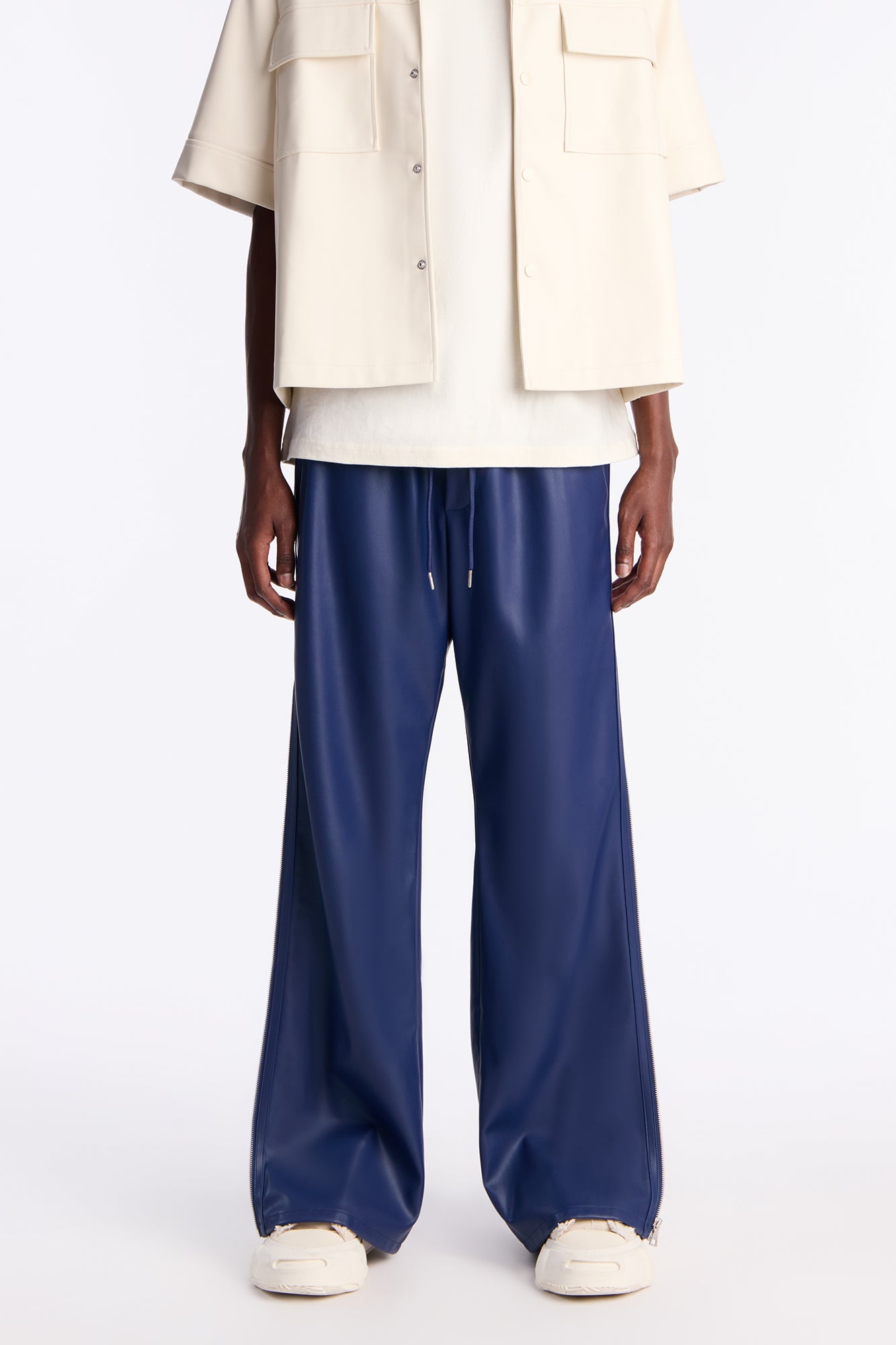 Multifit Contrast Panel Vegan Leather Zip Pant - Navy/combo