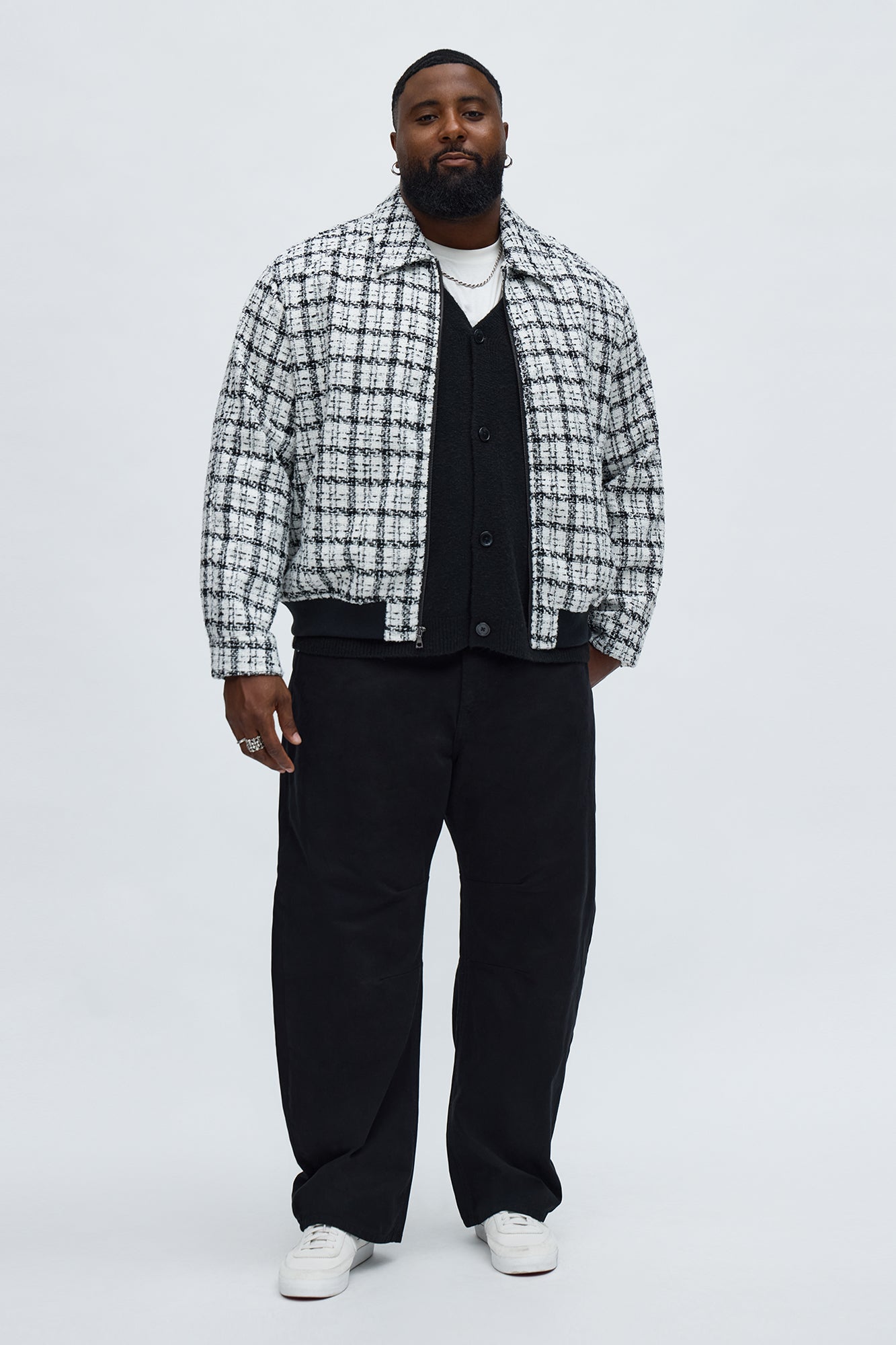 Relaxed Textured Boucle Plaid Work Zip Jacket - Black/White