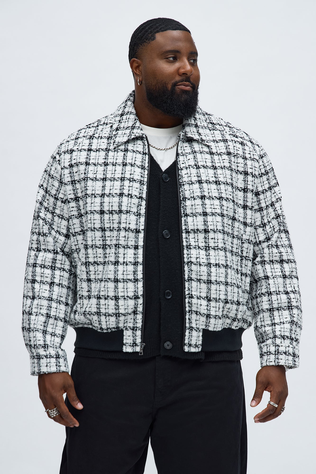 Relaxed Textured Boucle Plaid Work Zip Jacket - Black/White