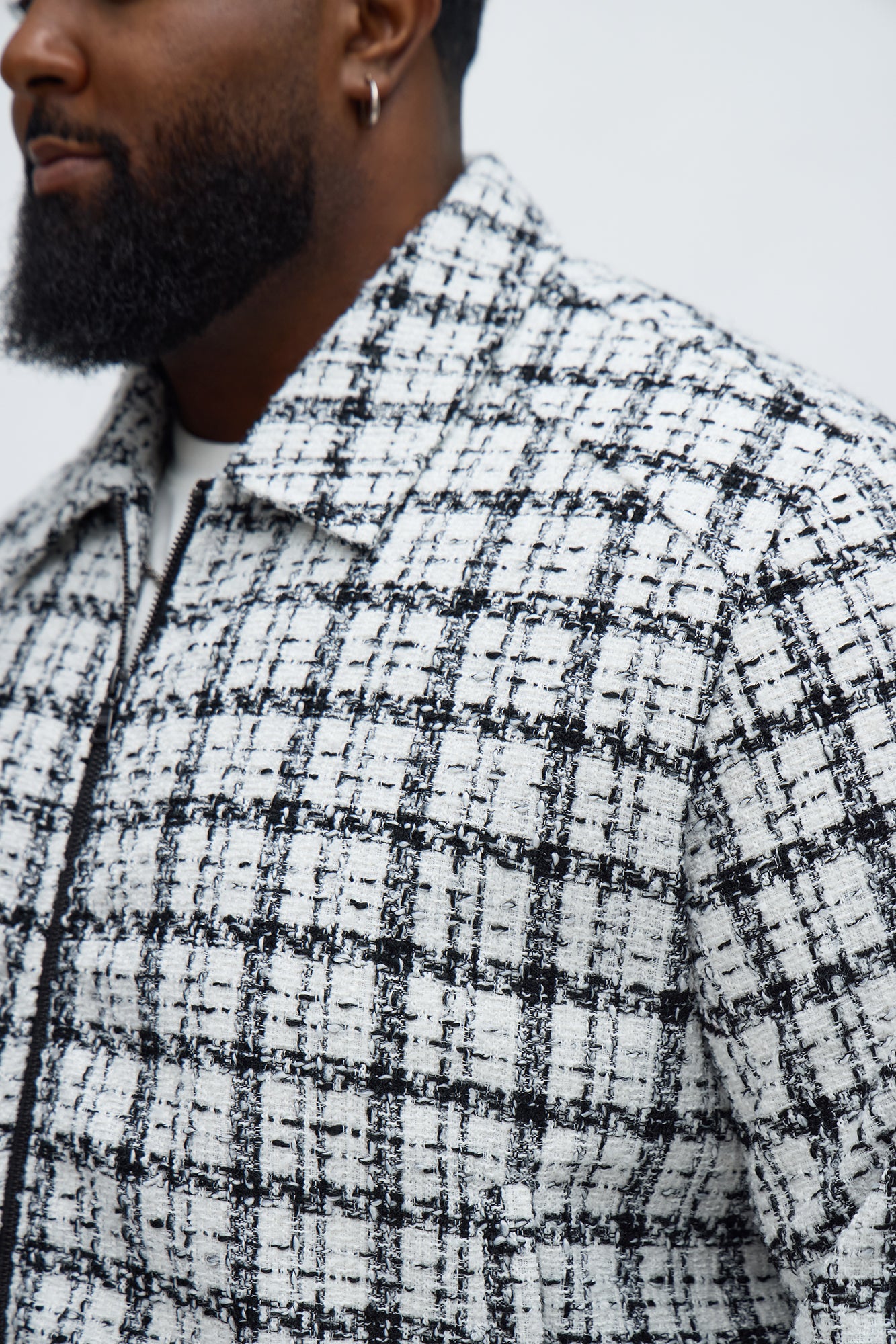 Relaxed Textured Boucle Plaid Work Zip Jacket - Black/White