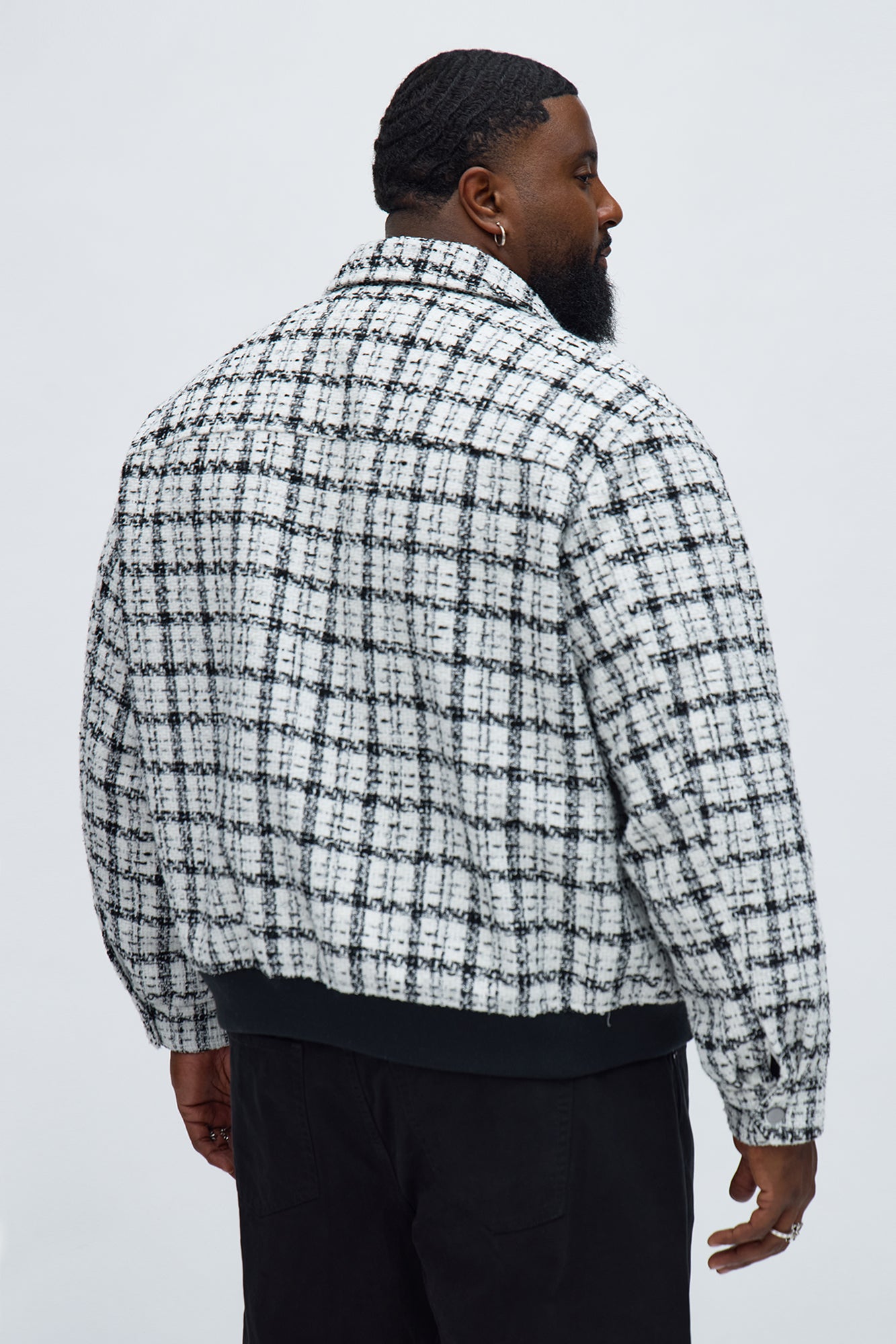 Relaxed Textured Boucle Plaid Work Zip Jacket - Black/White
