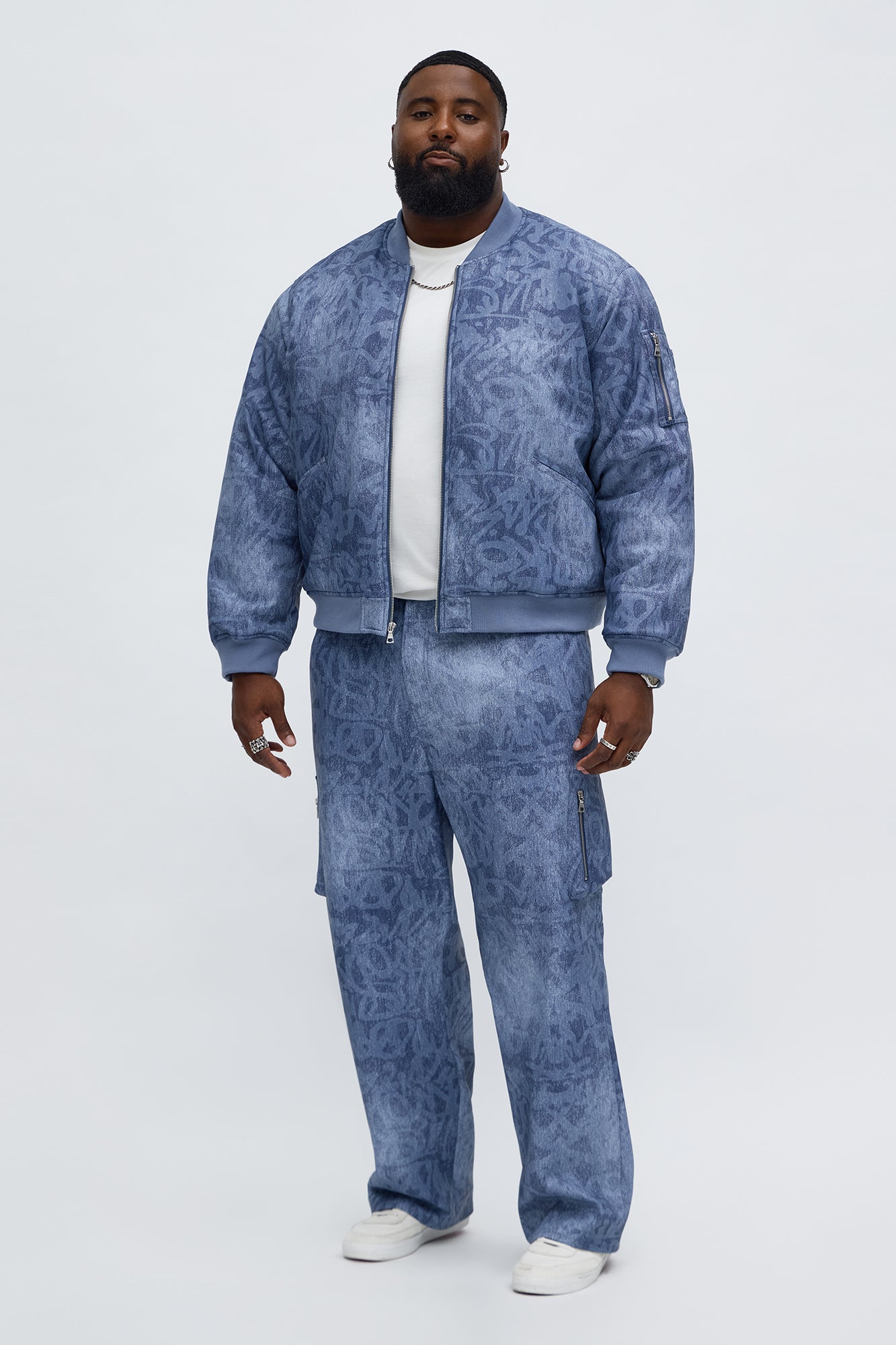 Relaxed Denim Printed Graffiti Faux Leather Bomber Jacket - Blue