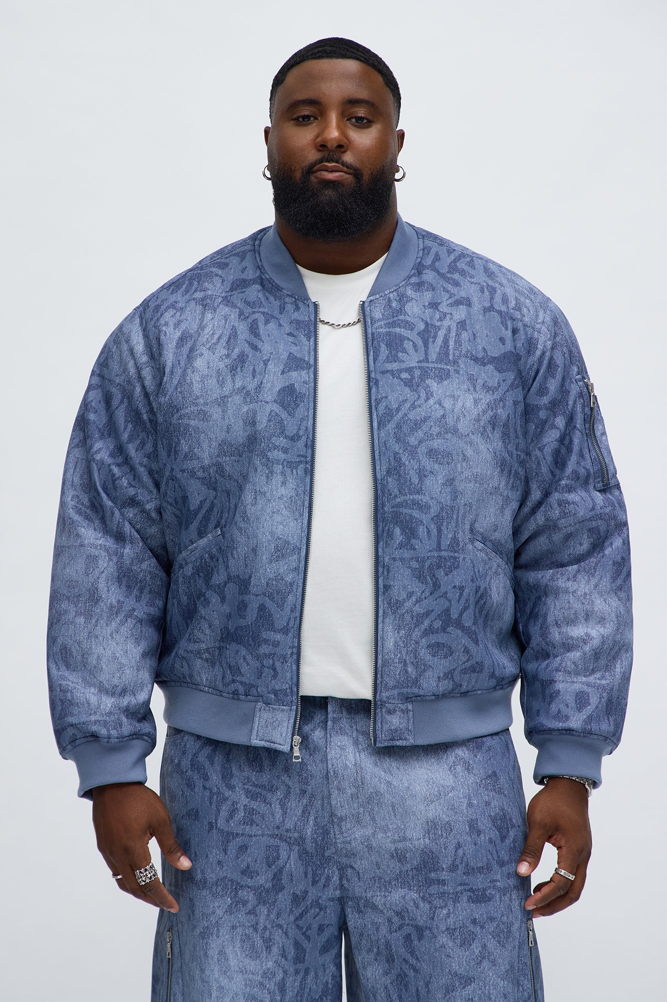 Relaxed Denim Printed Graffiti Faux Leather Bomber Jacket - Blue