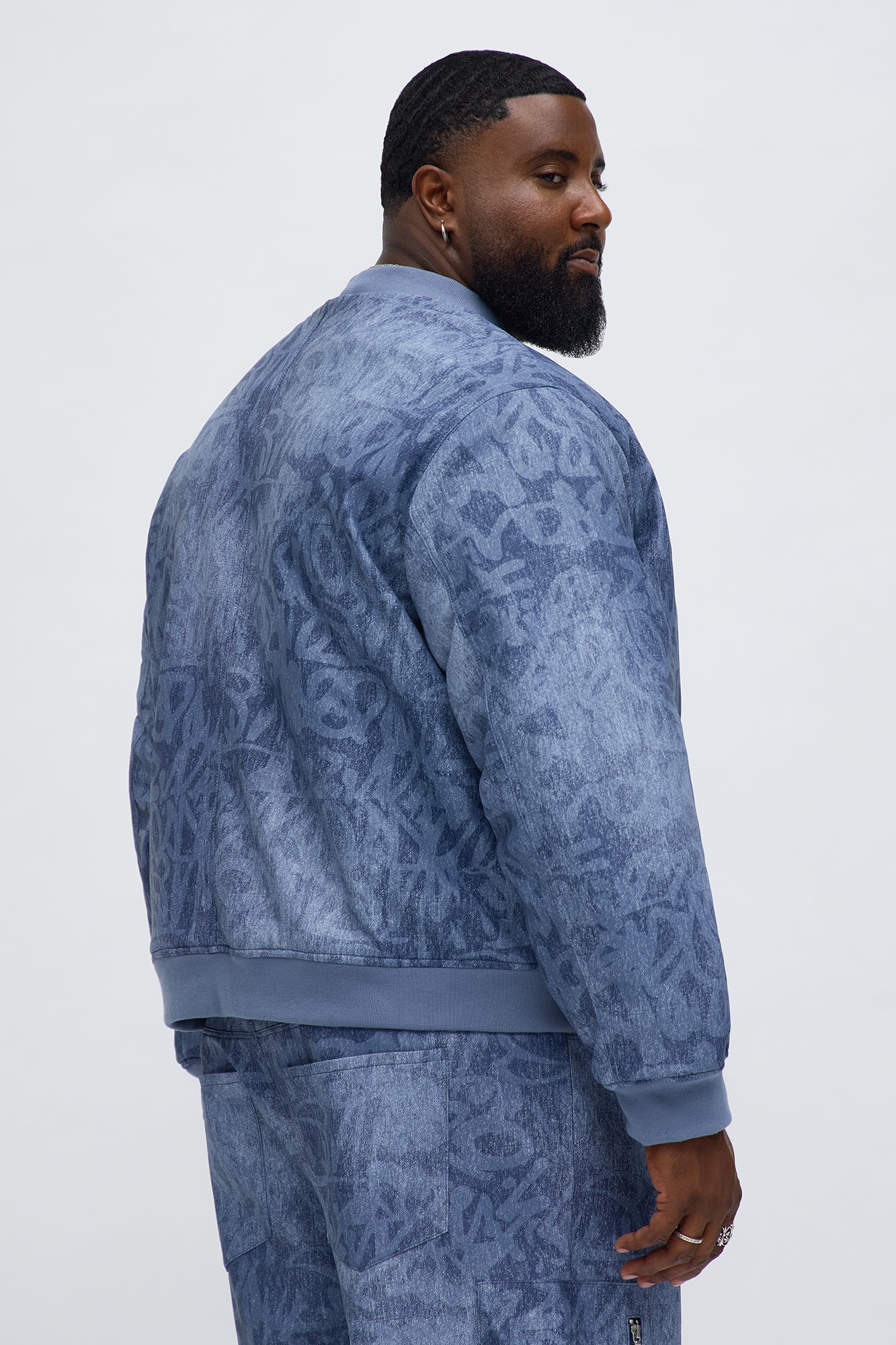 Relaxed Denim Printed Graffiti Faux Leather Bomber Jacket - Blue