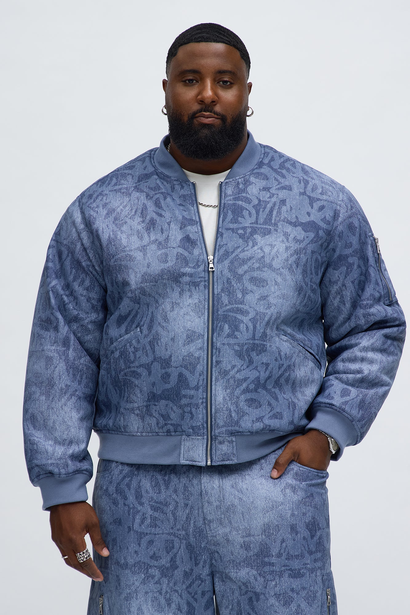Relaxed Denim Printed Graffiti Faux Leather Bomber Jacket - Blue