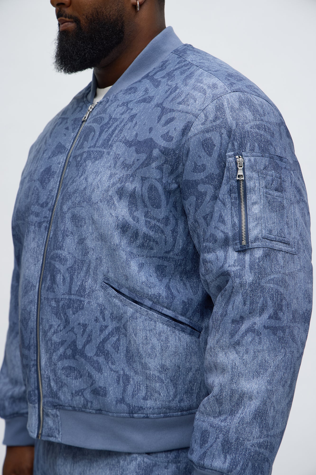 Relaxed Denim Printed Graffiti Faux Leather Bomber Jacket - Blue