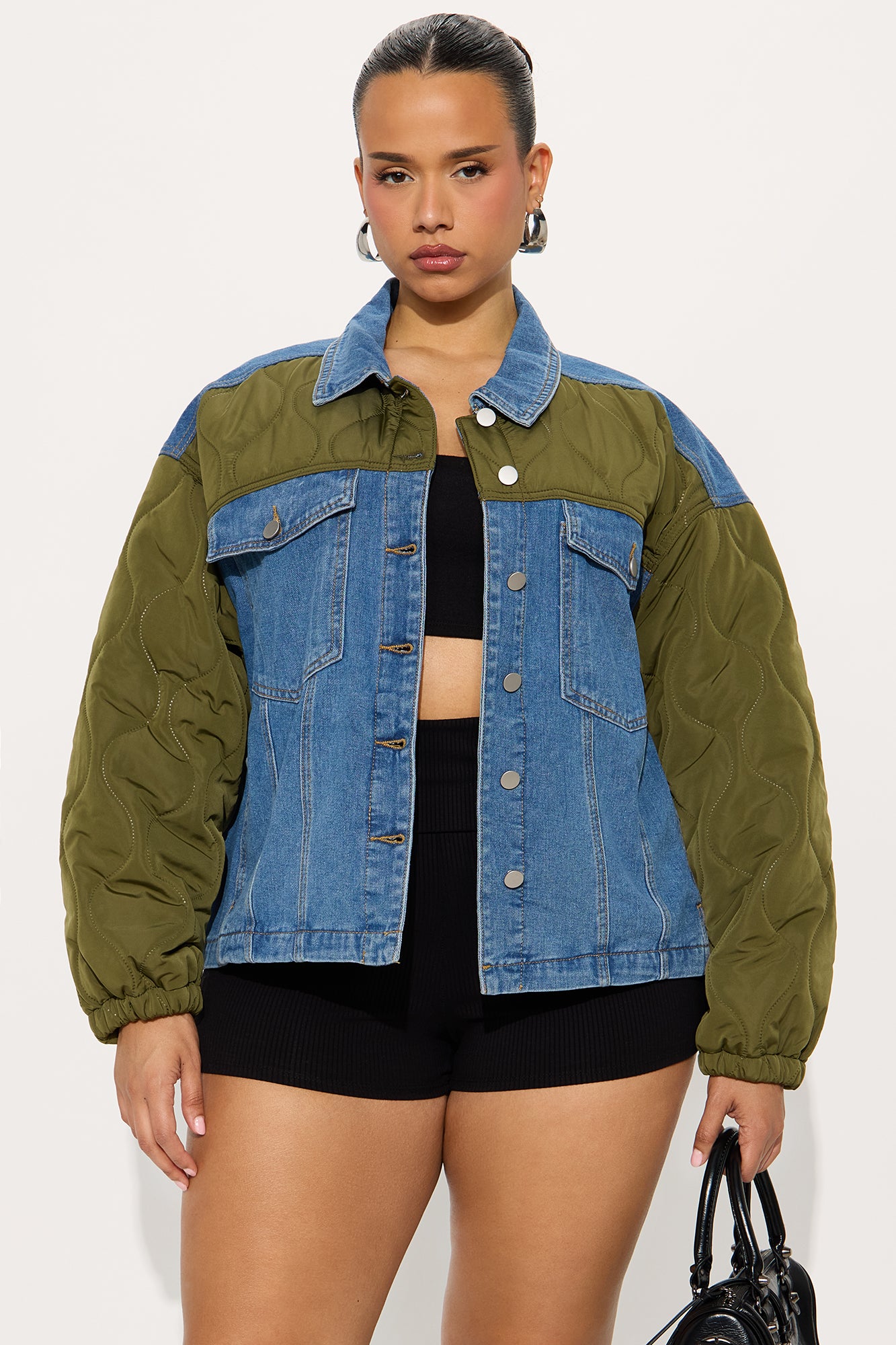 Hadley Quilted Fabric Mix Trucker Jacket - Olive/combo
