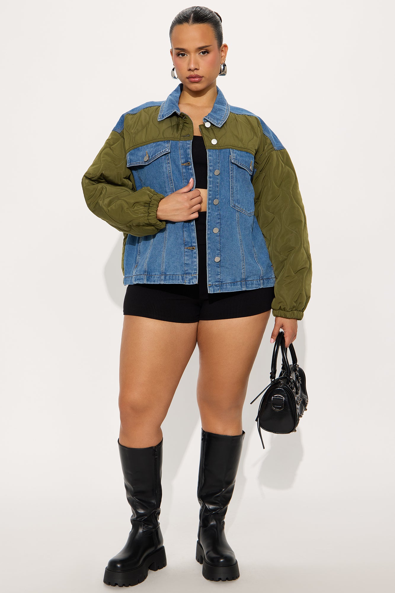 Hadley Quilted Fabric Mix Trucker Jacket - Olive/combo