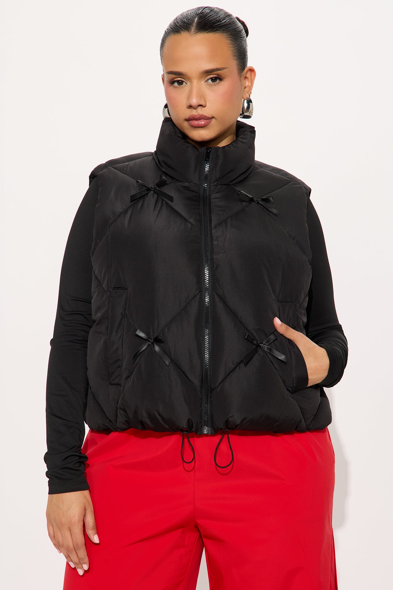 Cuteness Overload Bow Nylon Puffer Vest - Black