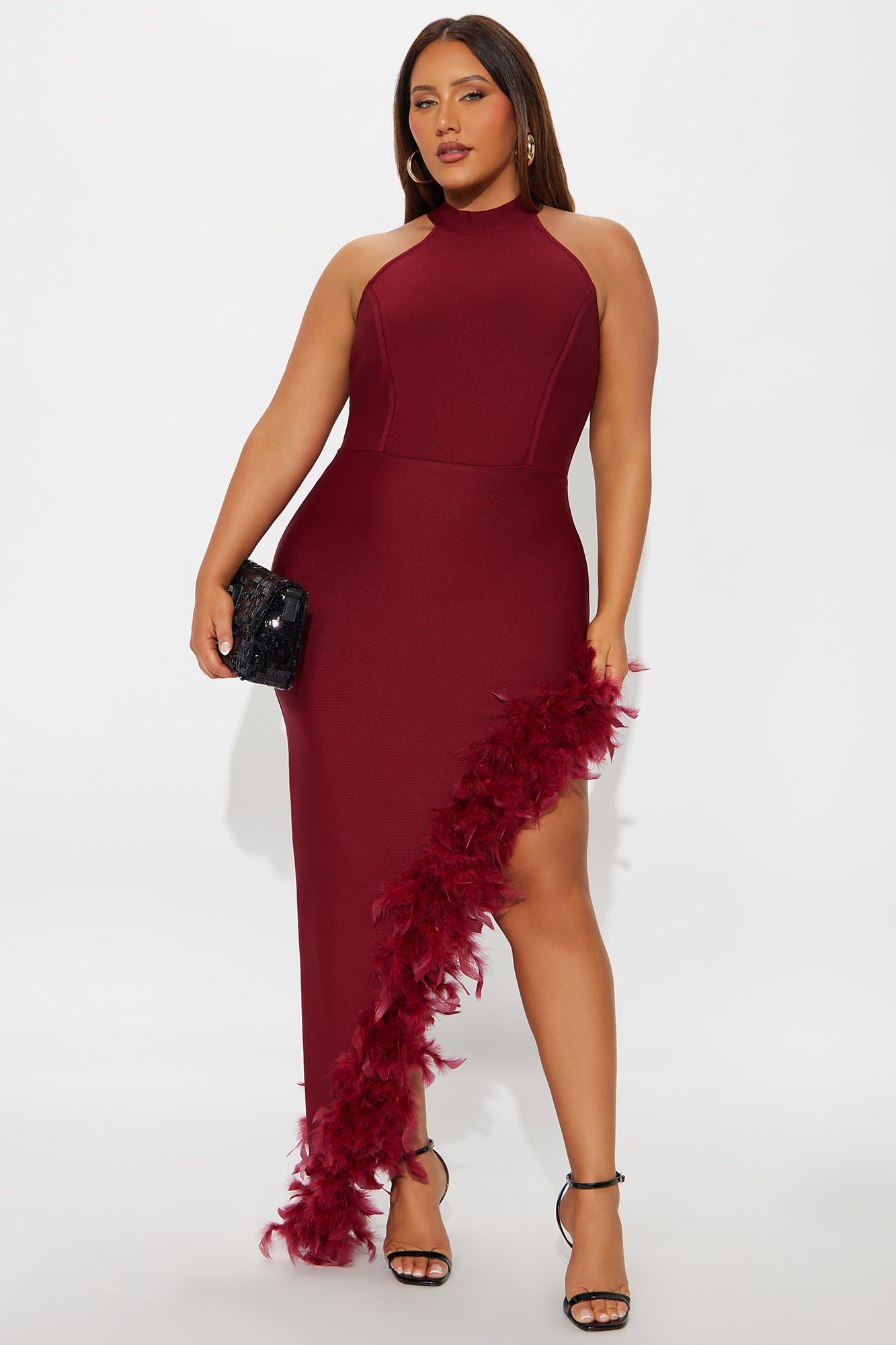 Jorgie Feathered Bandage Gown - Wine
