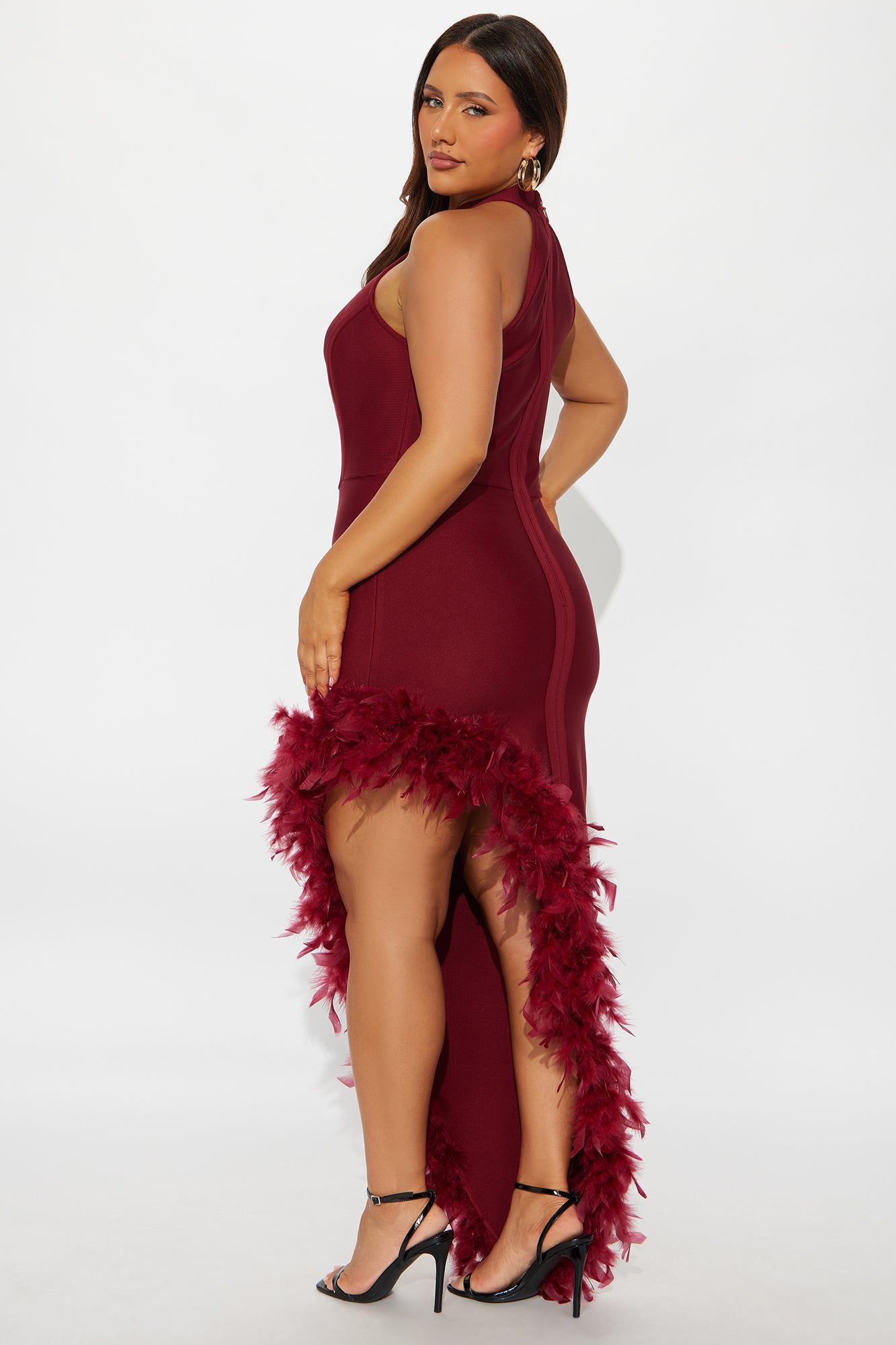 Jorgie Feathered Bandage Gown - Wine