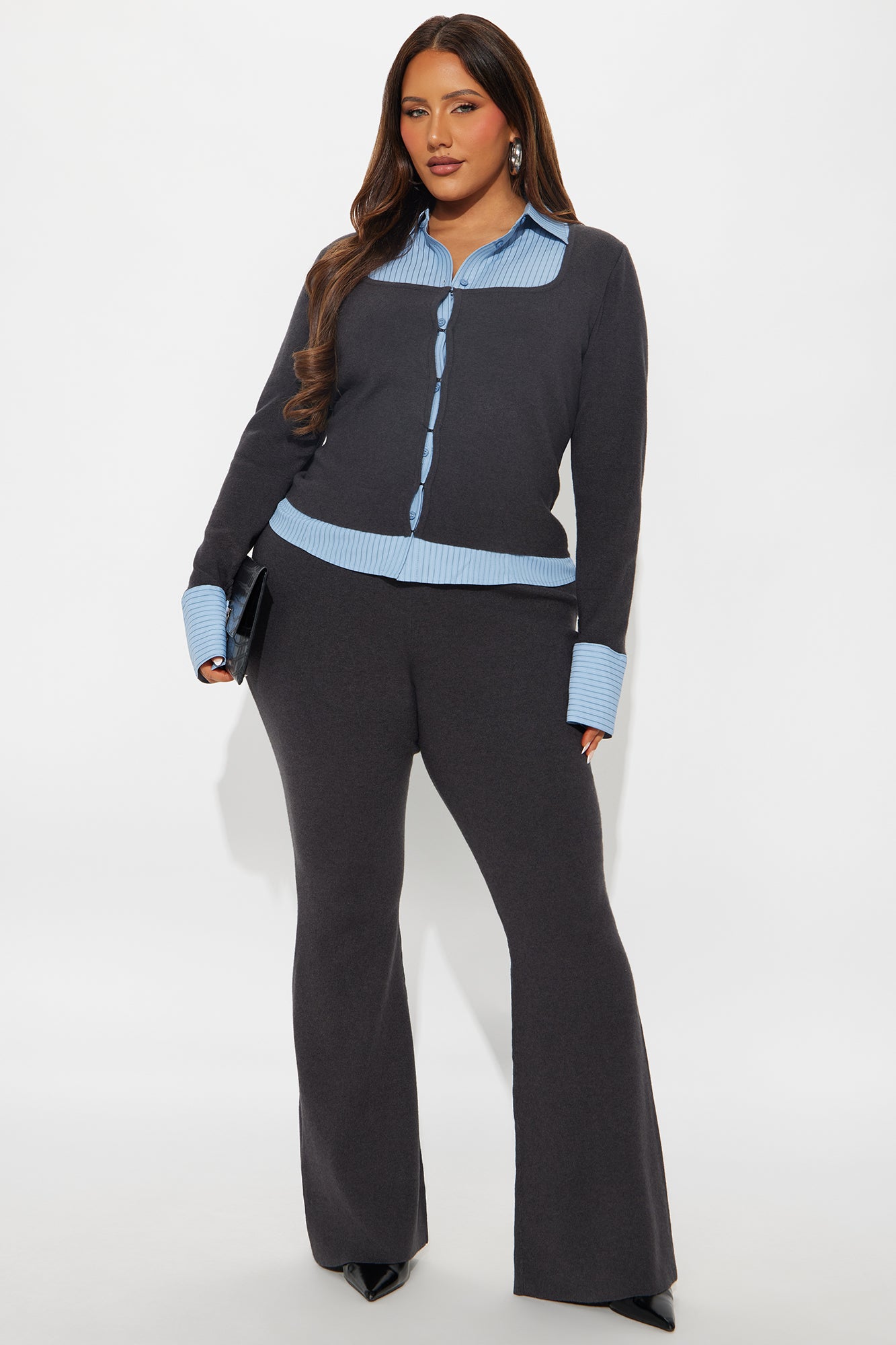 Double Take Pinstripe Sweater Pant Set - Grey