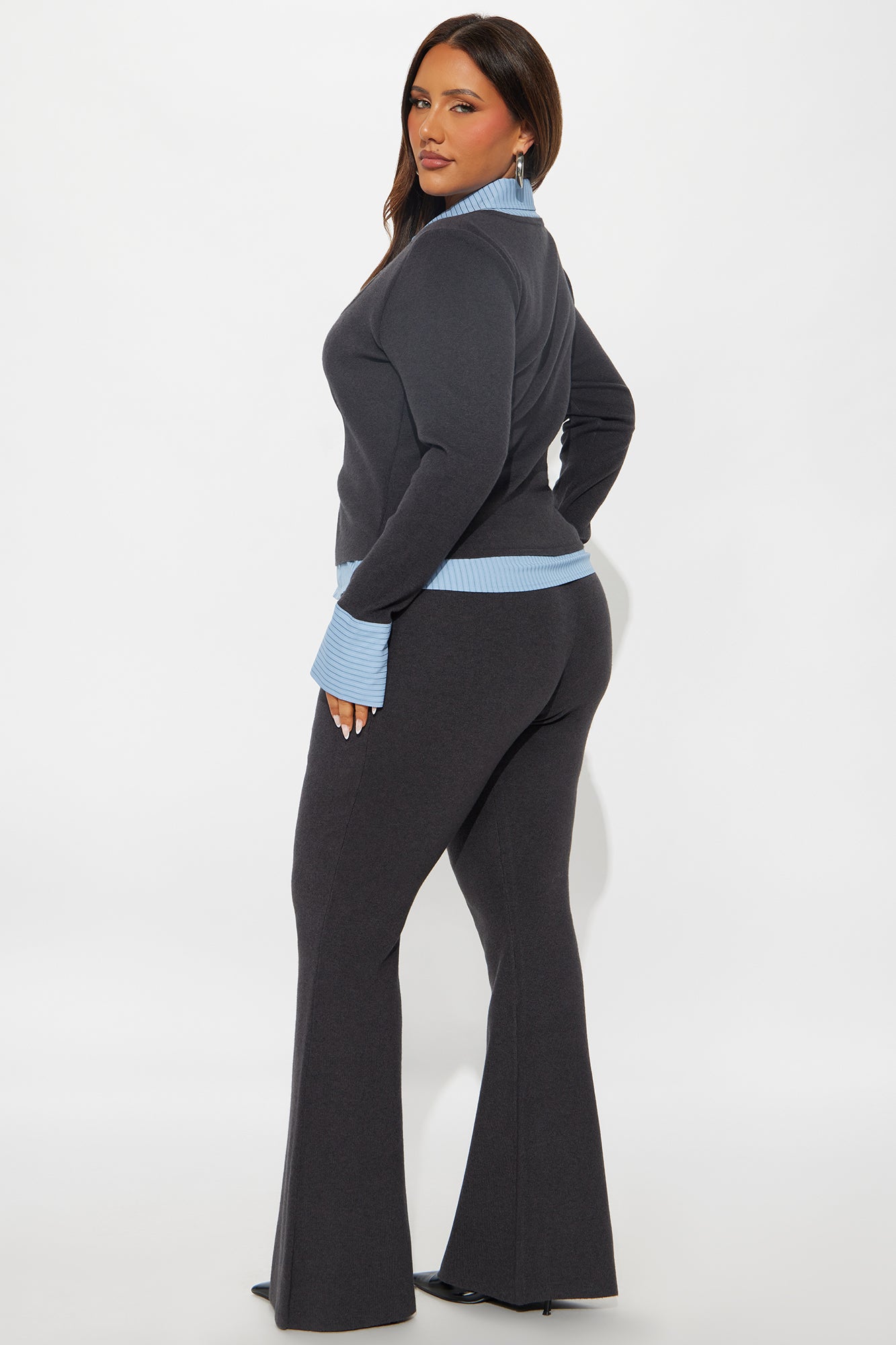 Double Take Pinstripe Sweater Pant Set - Grey