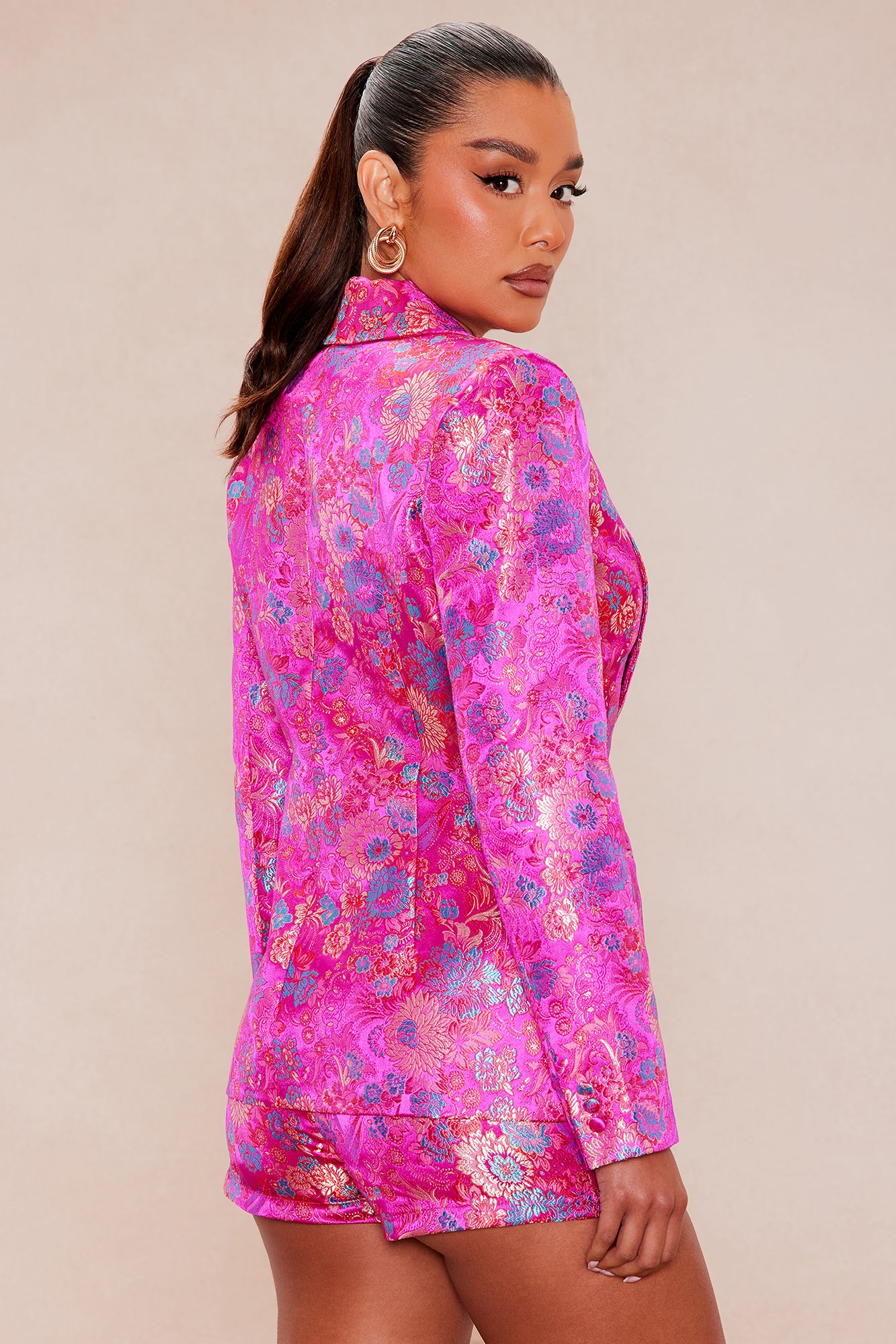 Sofia Satin Floral Short Suit Set - Fuchsia