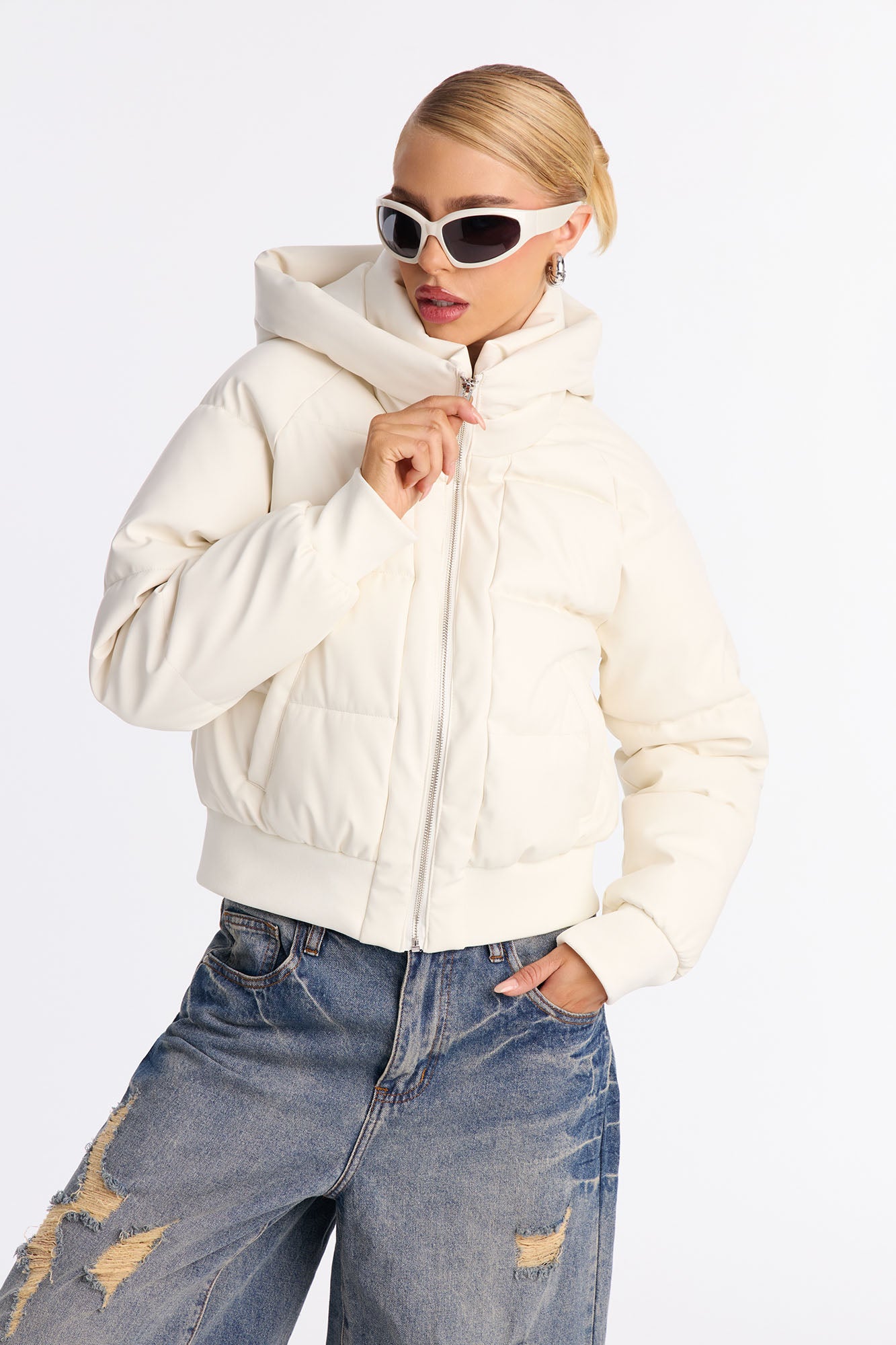 Angella Hooded Faux Leather Puffer - Cream