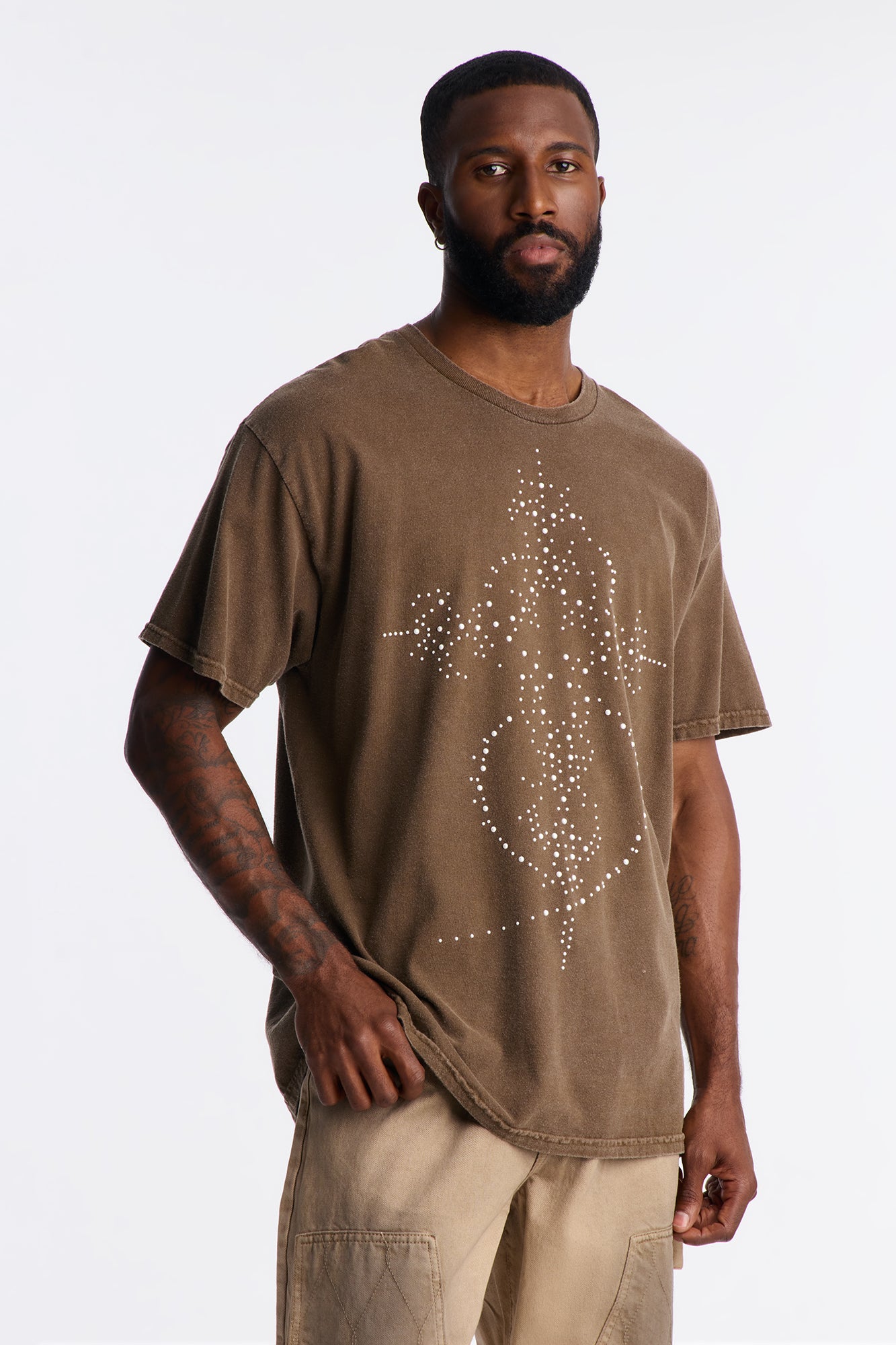 Holy Cross Rhinestone Pearl Oversized Short Sleeve Tee - Brown
