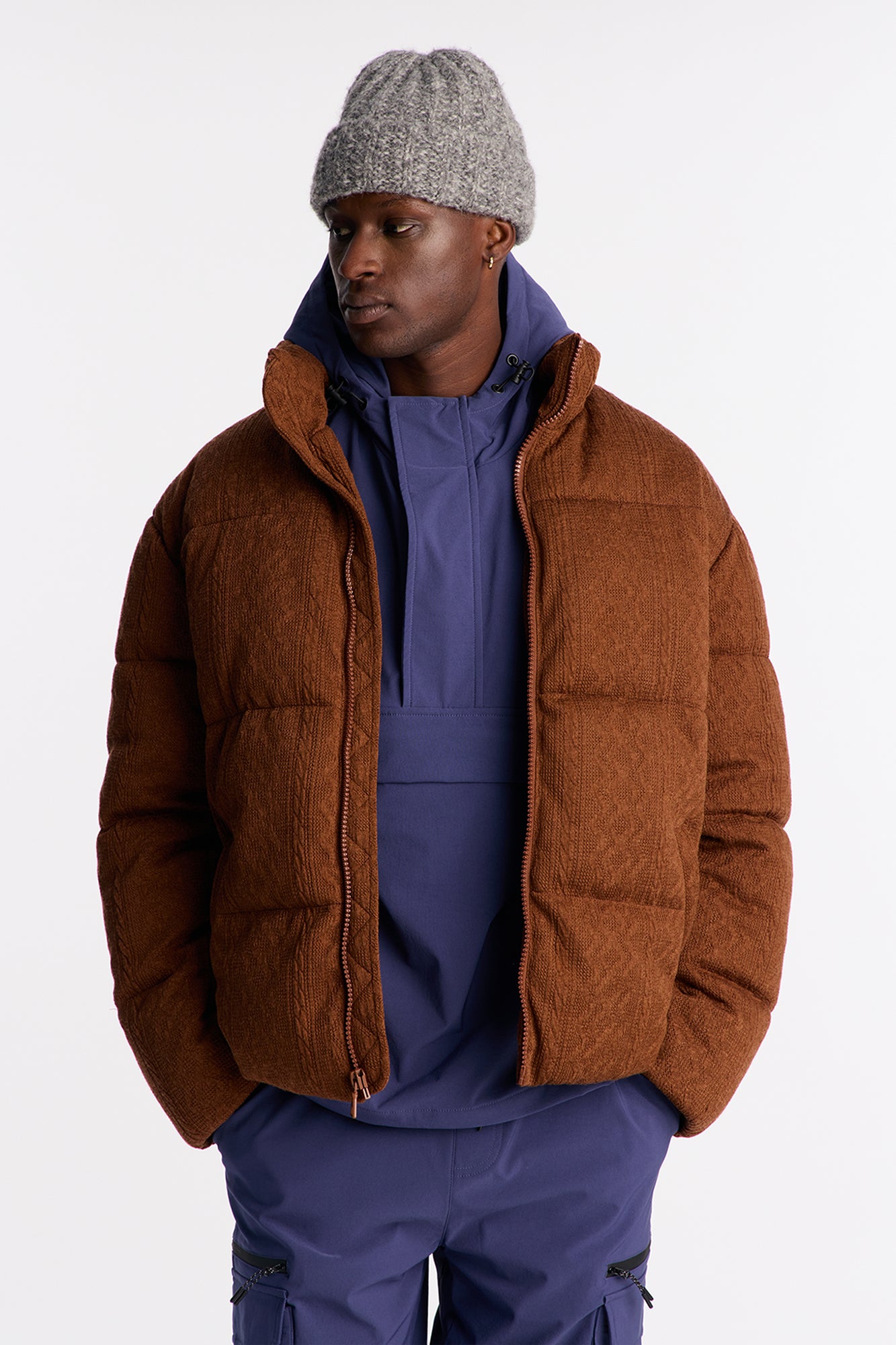 Textured Cable Knit Cabin Puffer Jacket - Brown