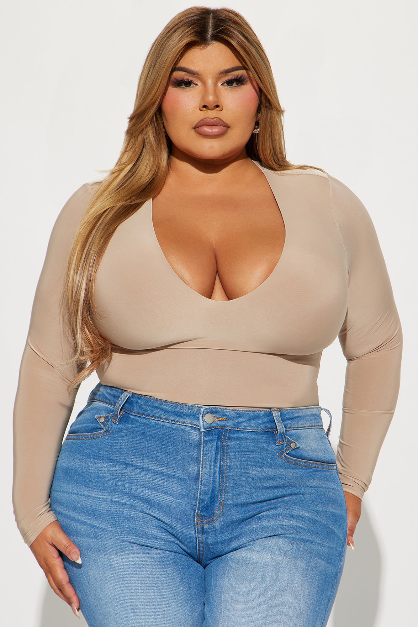 Take The Plunge Lined Long Sleeve Bodysuit - Nude