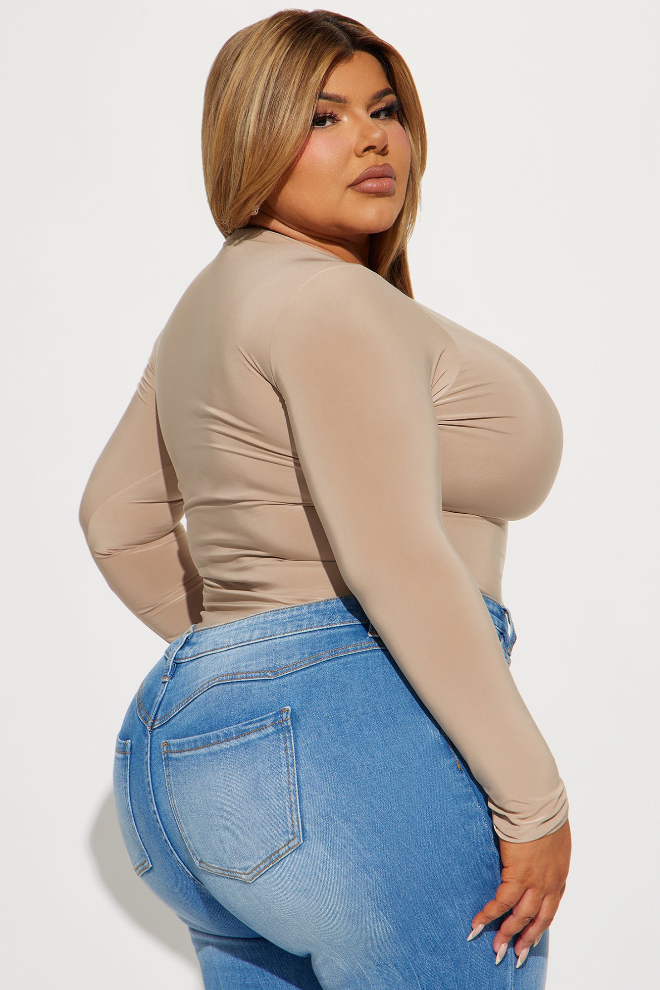 Take The Plunge Lined Long Sleeve Bodysuit - Nude