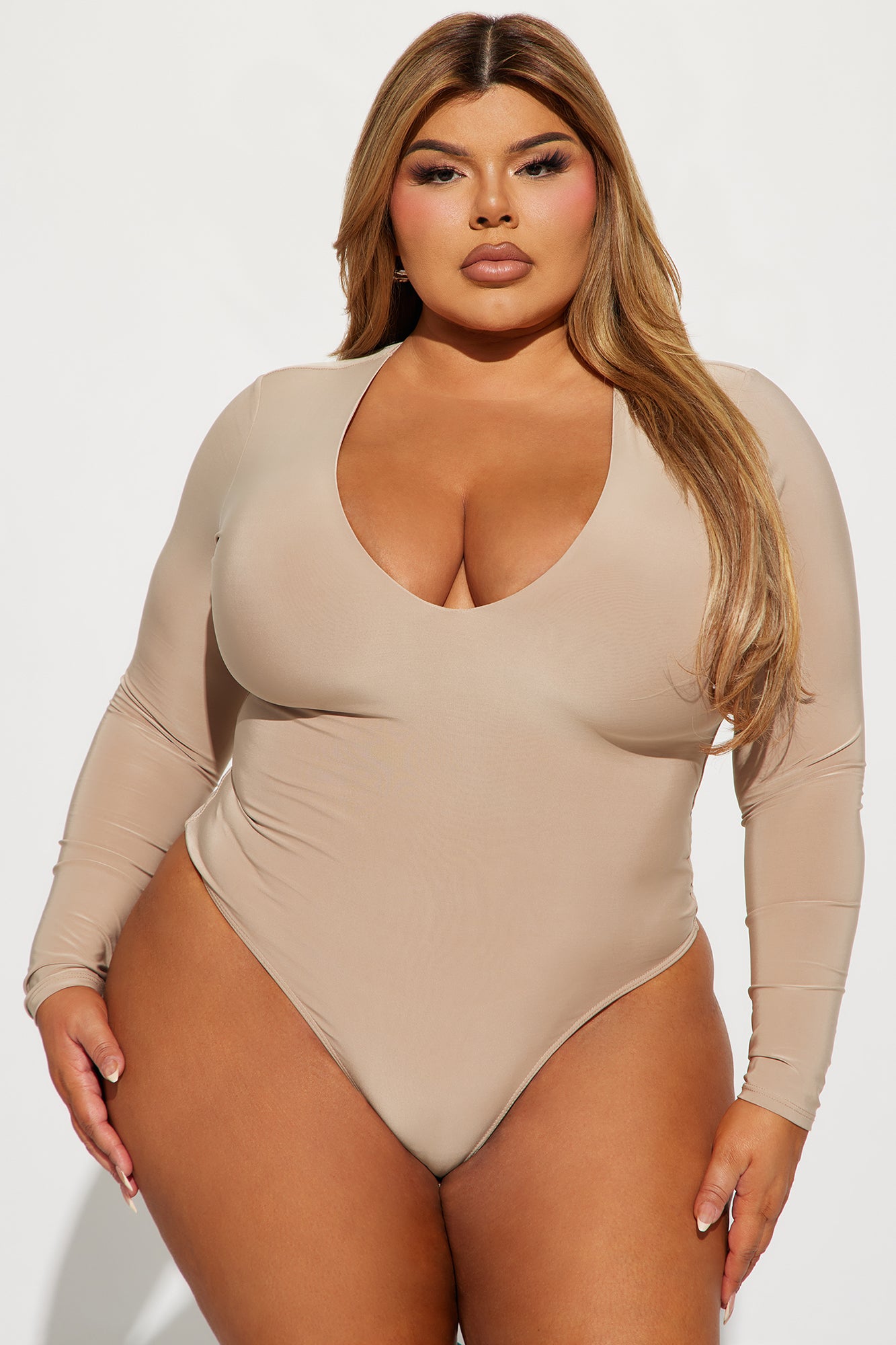 Take The Plunge Lined Long Sleeve Bodysuit - Nude
