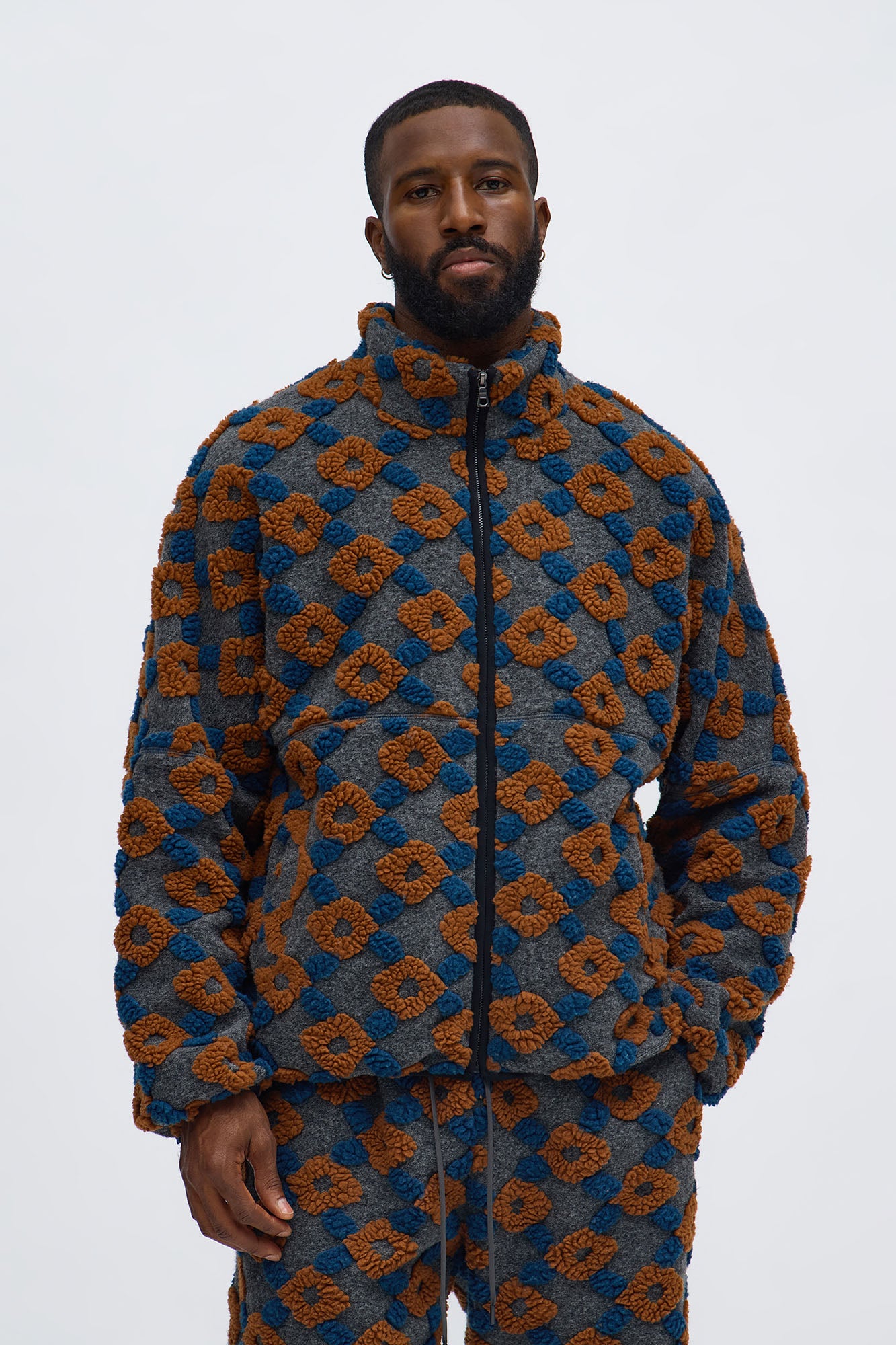 Oversized Floral Sherpa Zip Jacket - Grey