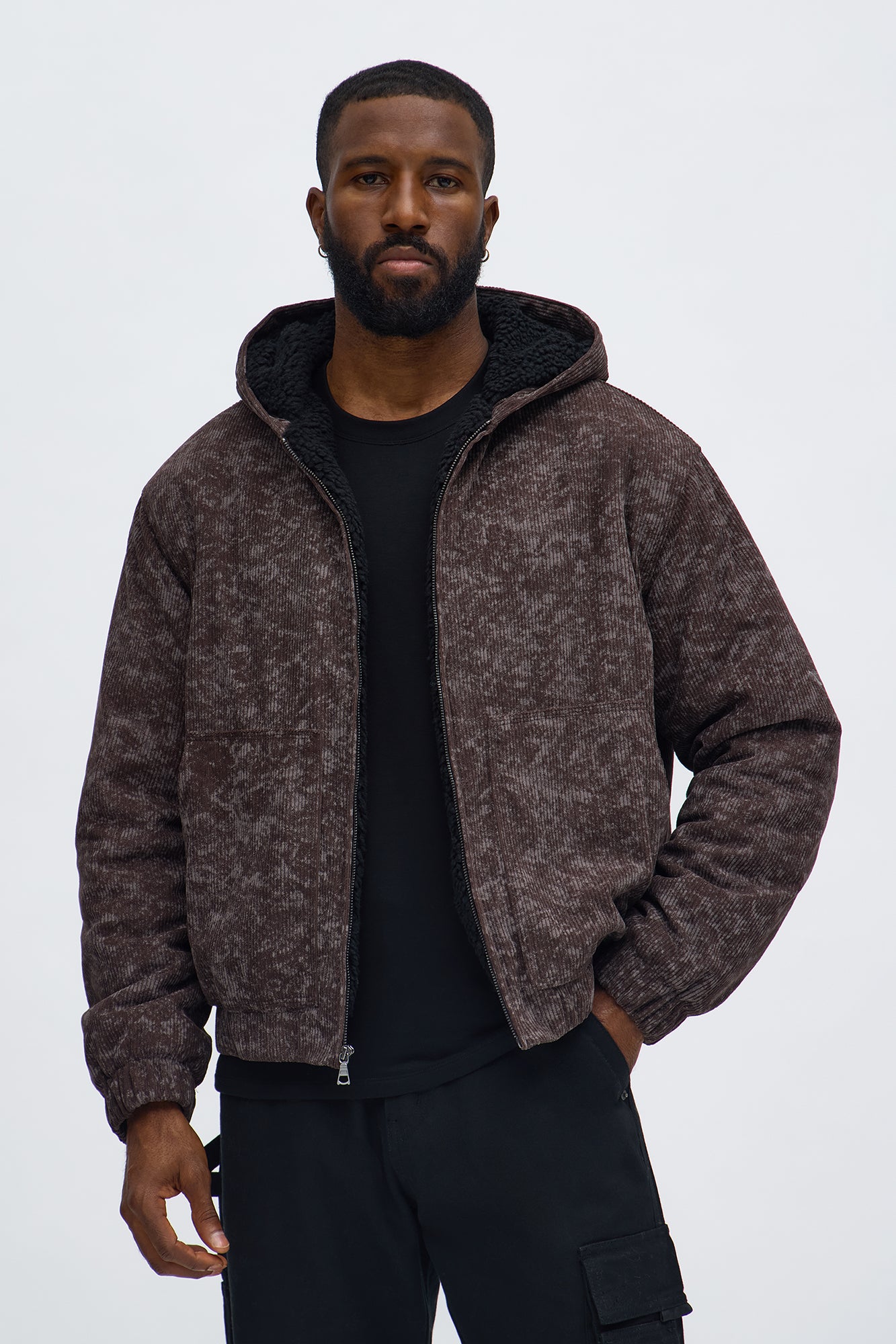 Oversized Corduroy Hooded Bomber Jacket - Brown