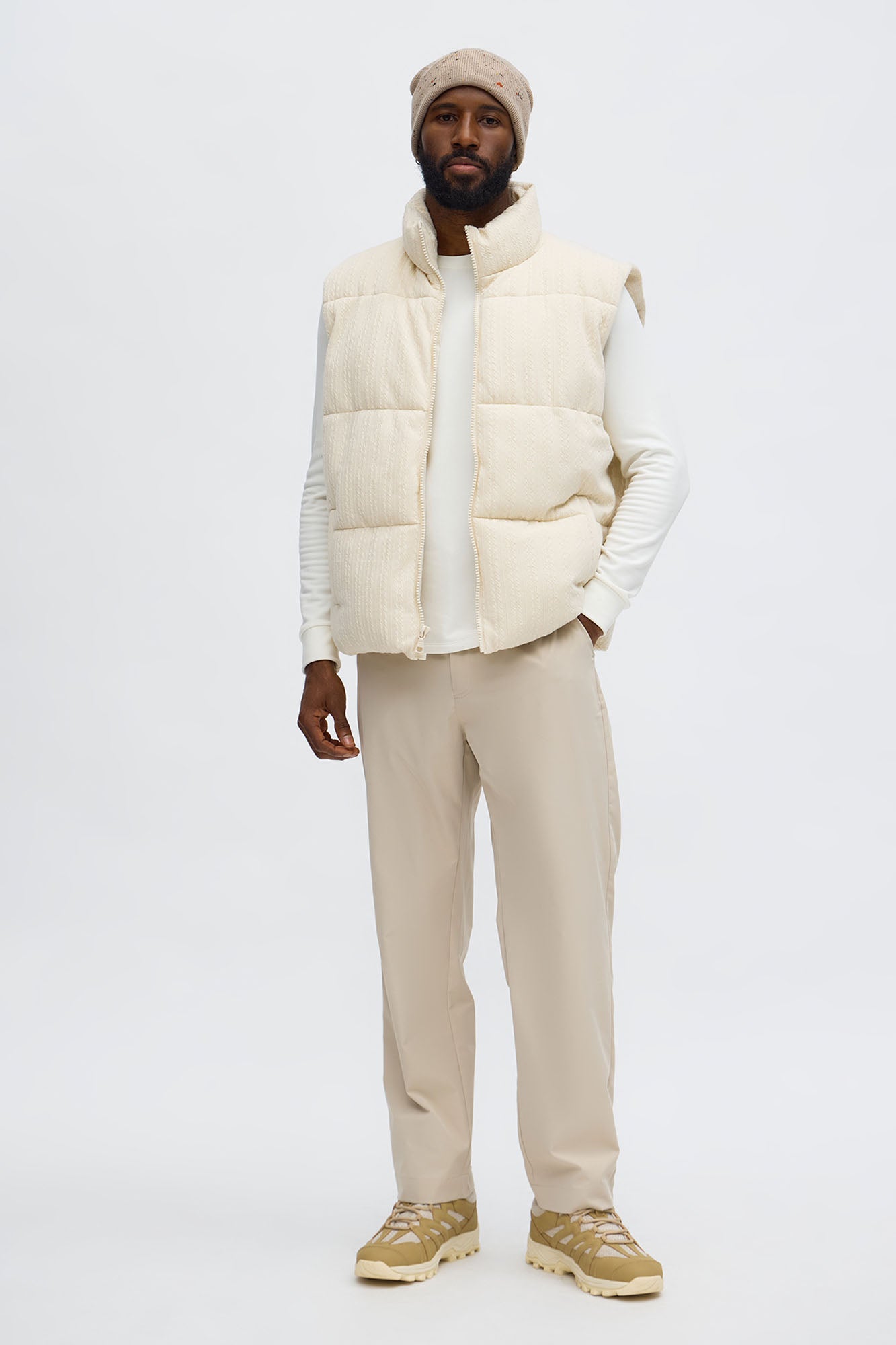 Textured Cable Knit Puffer Vest - Cream