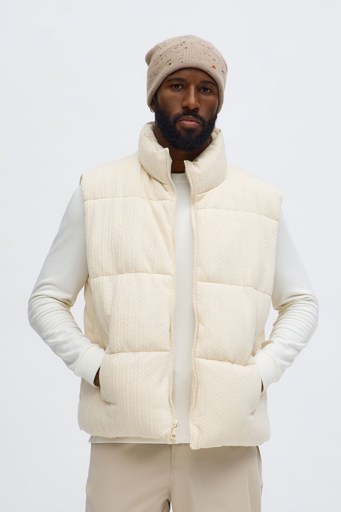 Textured Cable Knit Puffer Vest - Cream