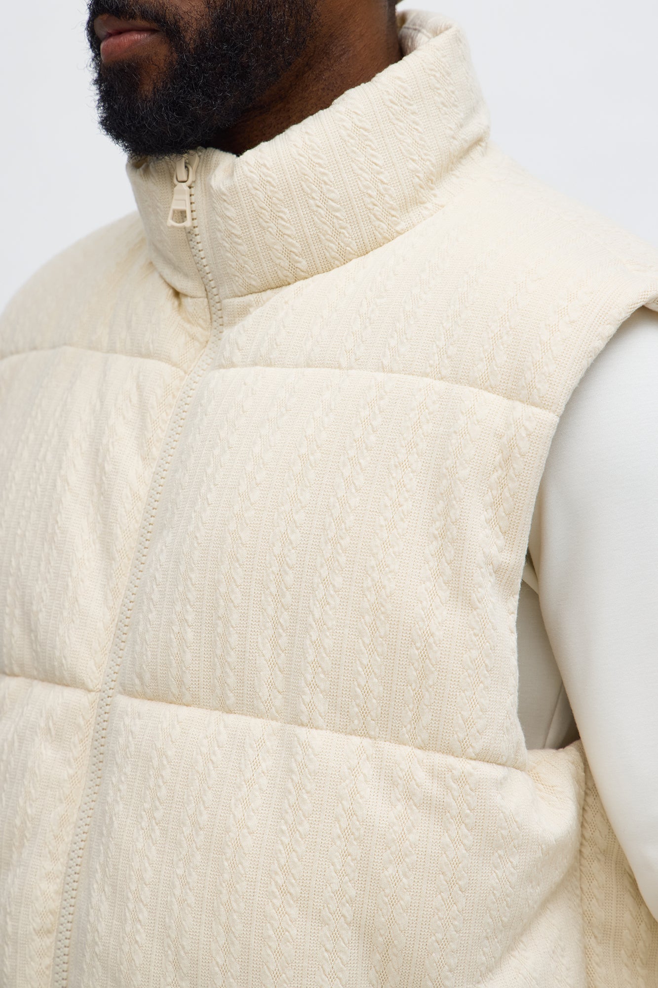 Textured Cable Knit Puffer Vest - Cream