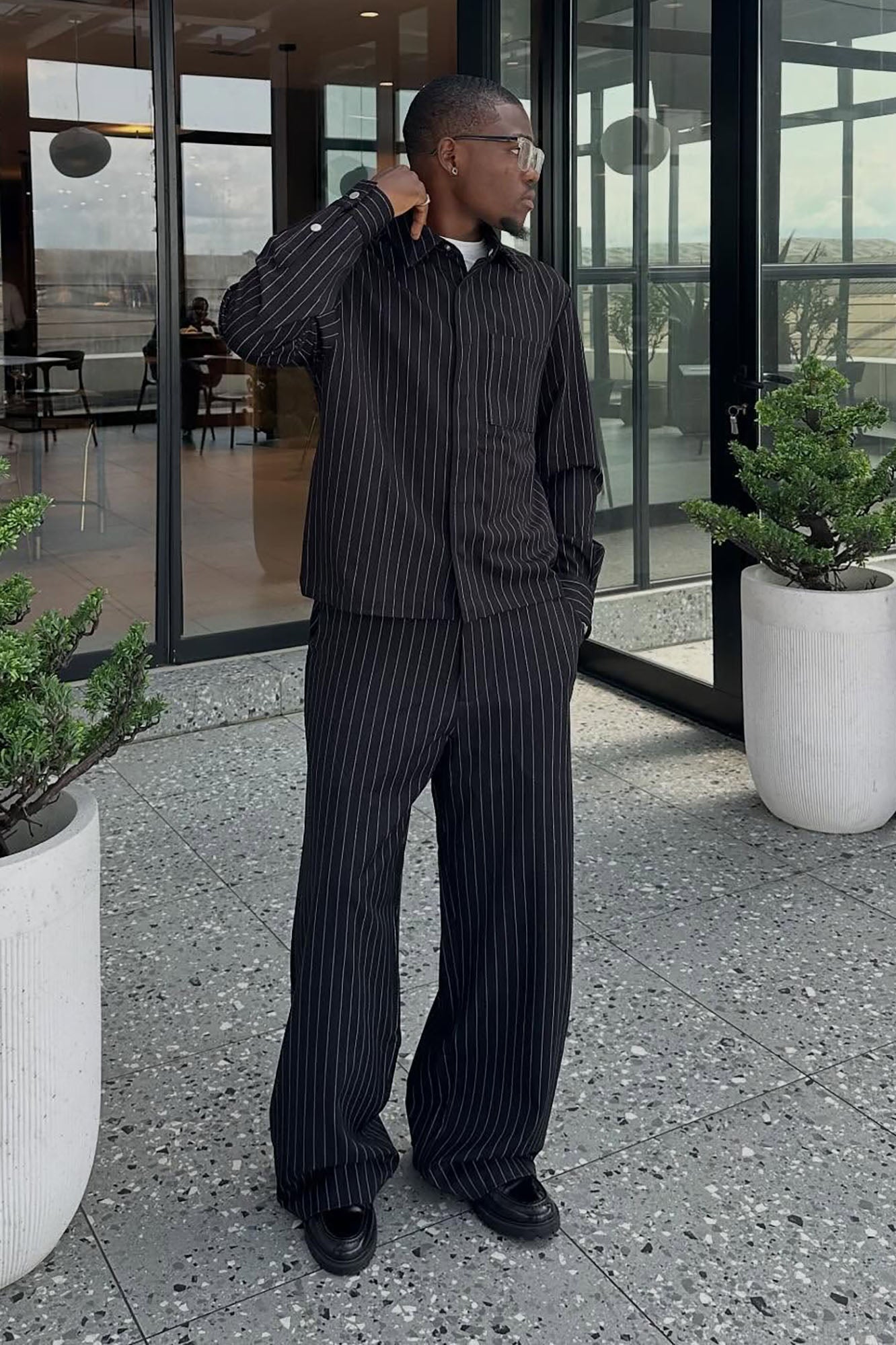 Cropped Striped Button Up Shirt - Black