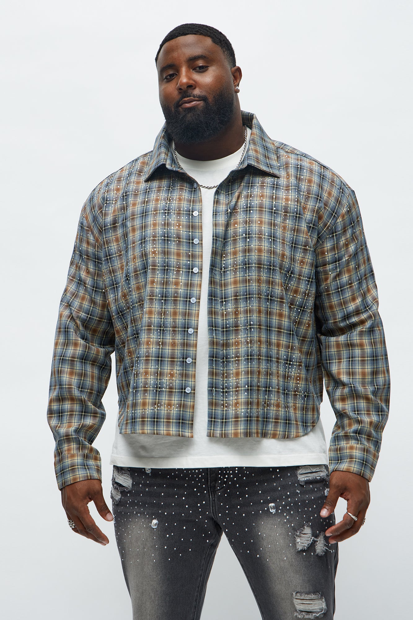Cropped Starlit Rhinestone Plaid Flannel - Blue/combo