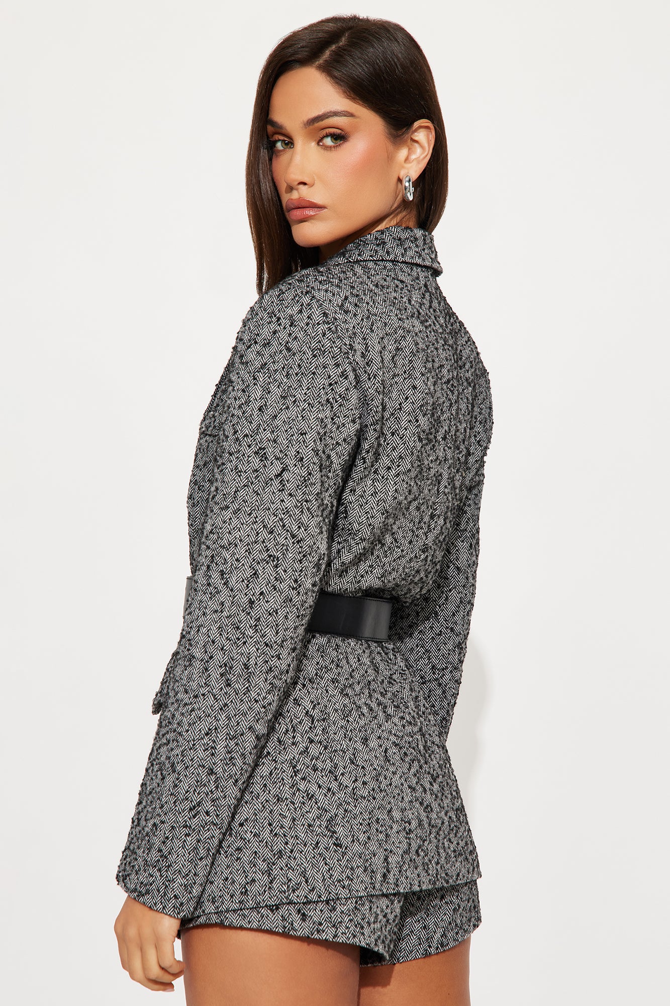 No Drama 3 Piece Belted Blazer Short Set - Black/White