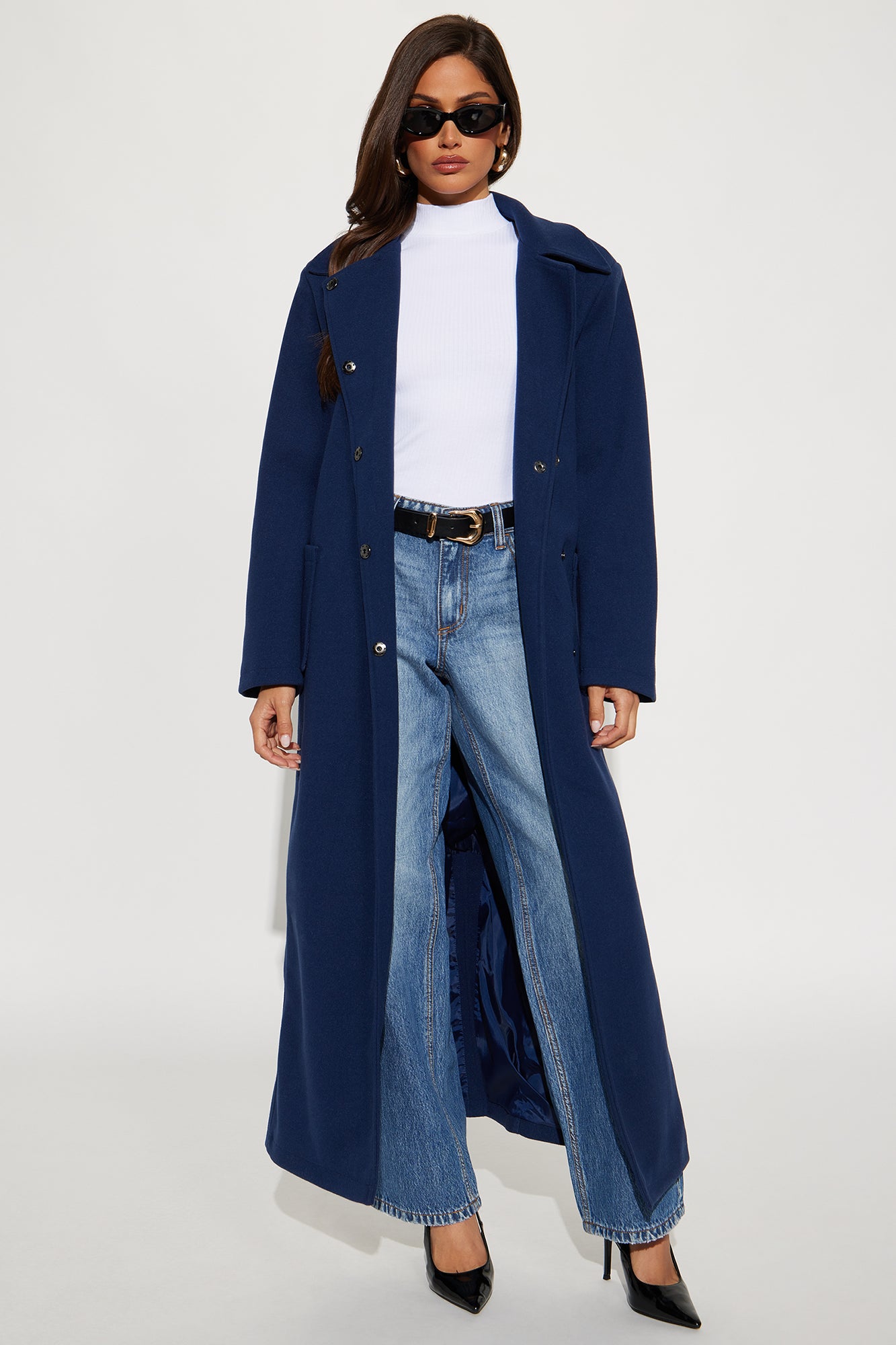 Executive Decision Belted Power Shoulder Coat - Navy