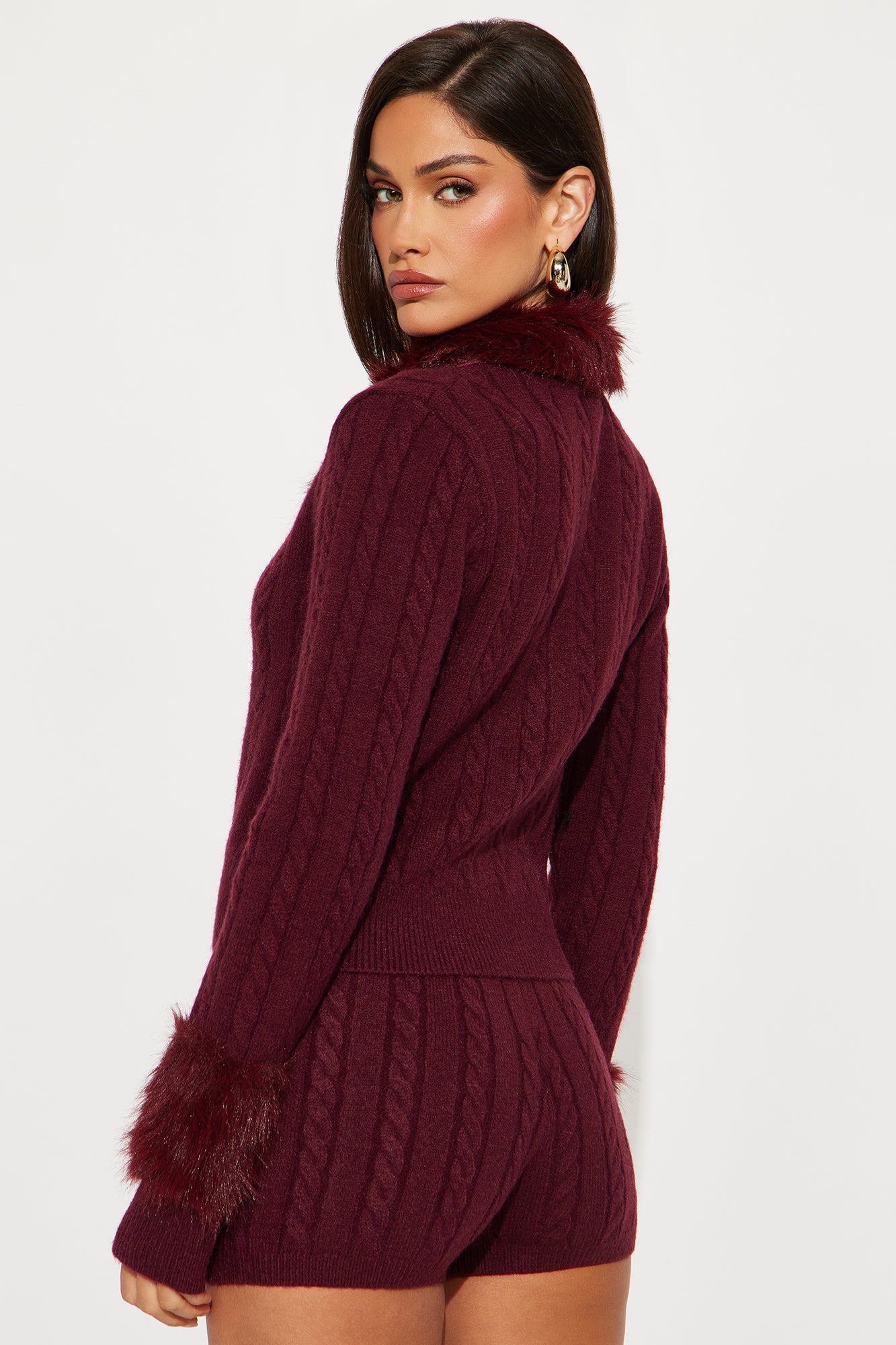 Ravyn Faux Fur Sweater Short Set - Burgundy