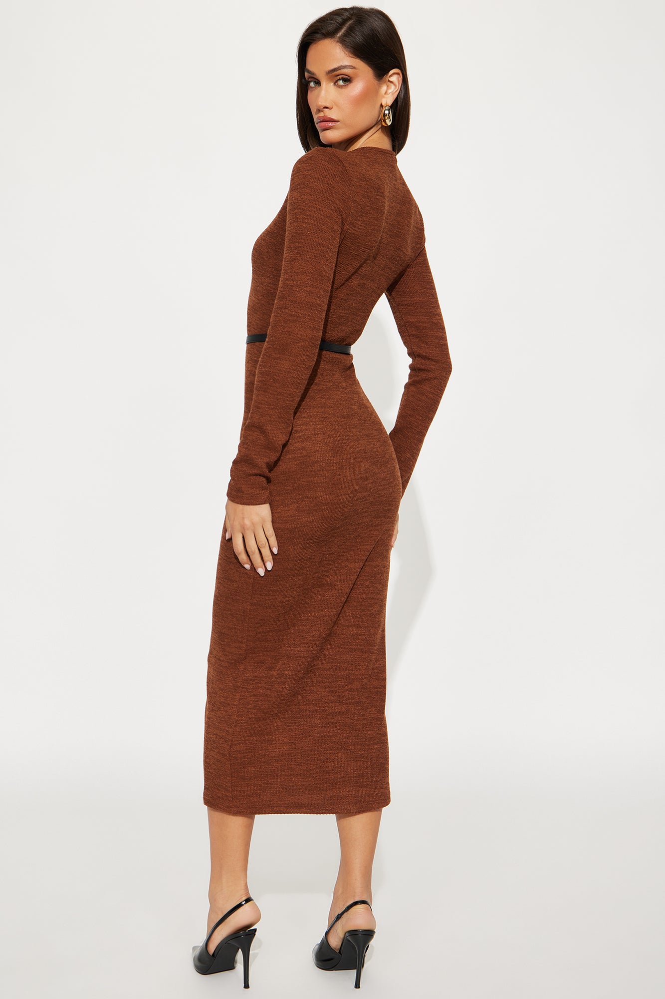 Genesis Belted Sweater Midi Dress - Brown Combo