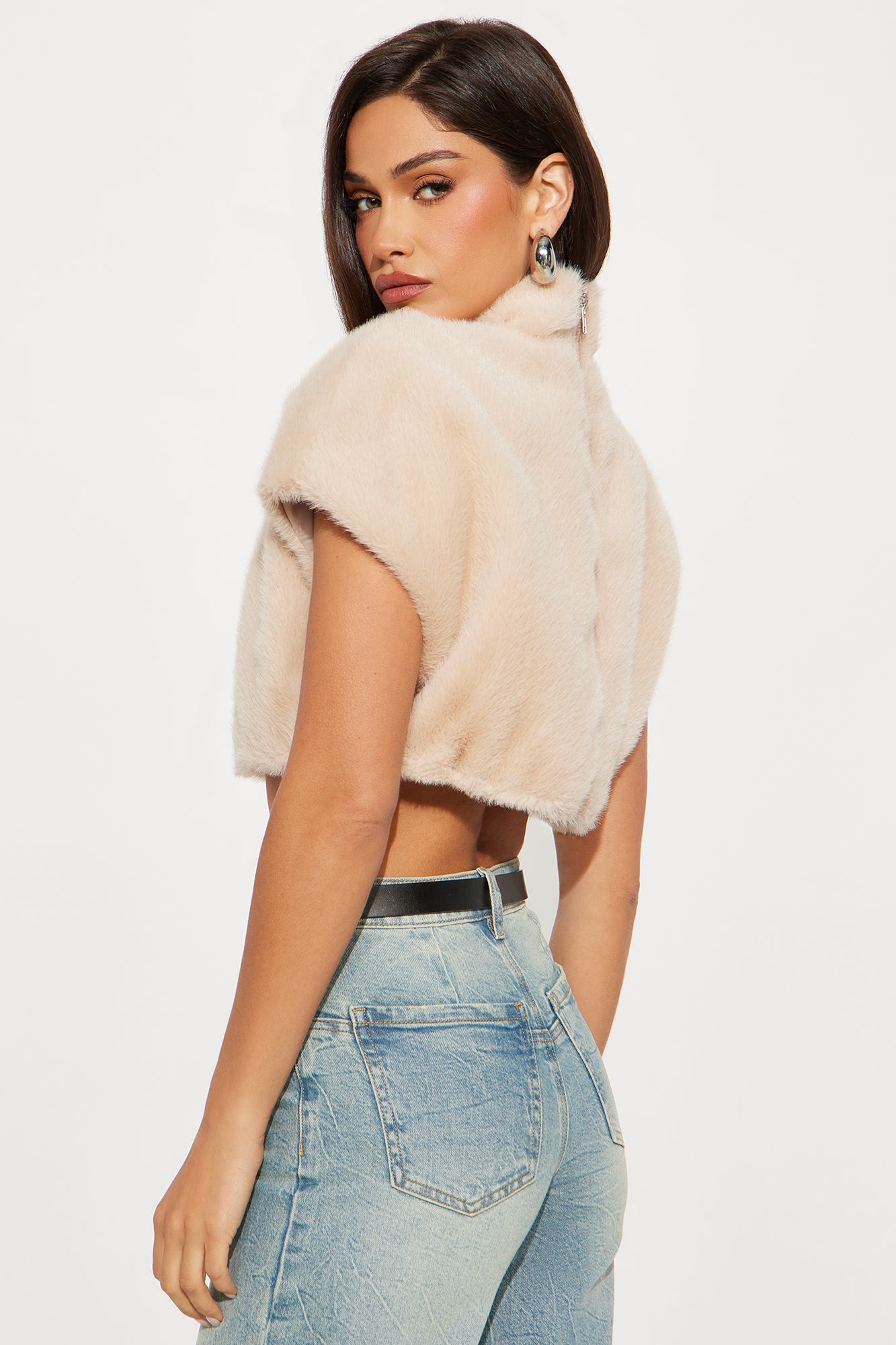 Fluff It Up Faux Fur Cropped Top - Beige