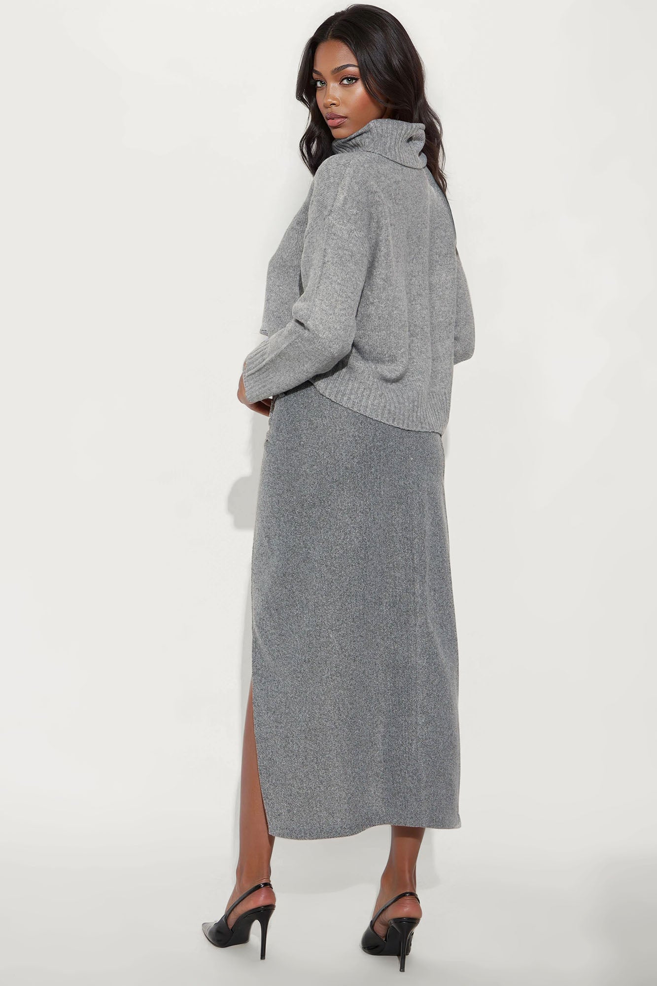 So Chic Sweater Turtle Neck Maxi Skirt Set - Grey