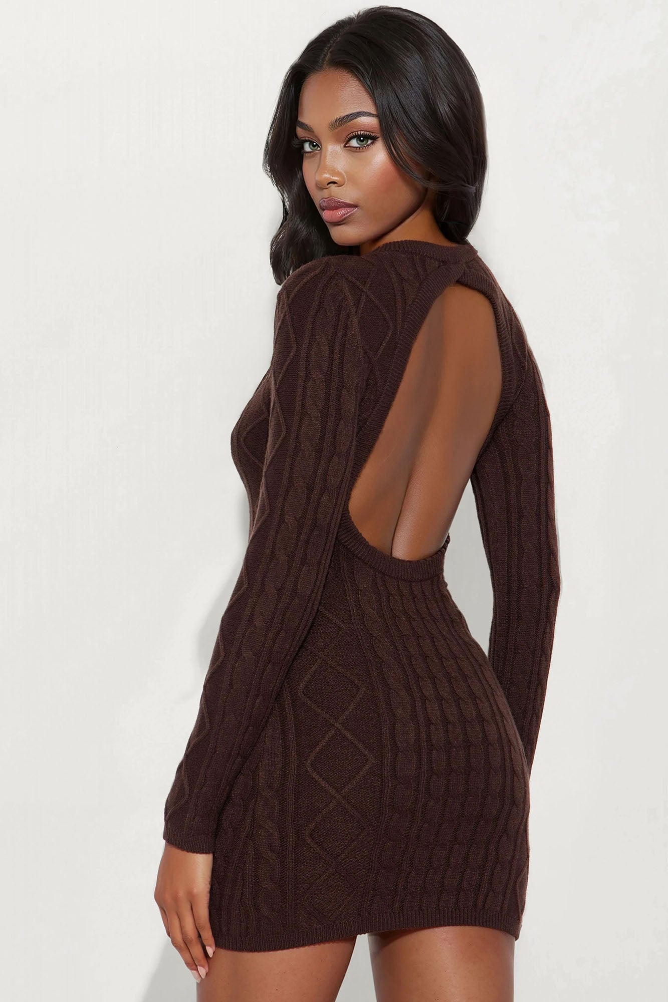 Chelsea Cable Knit Sweater Mini Dress - Chocolate