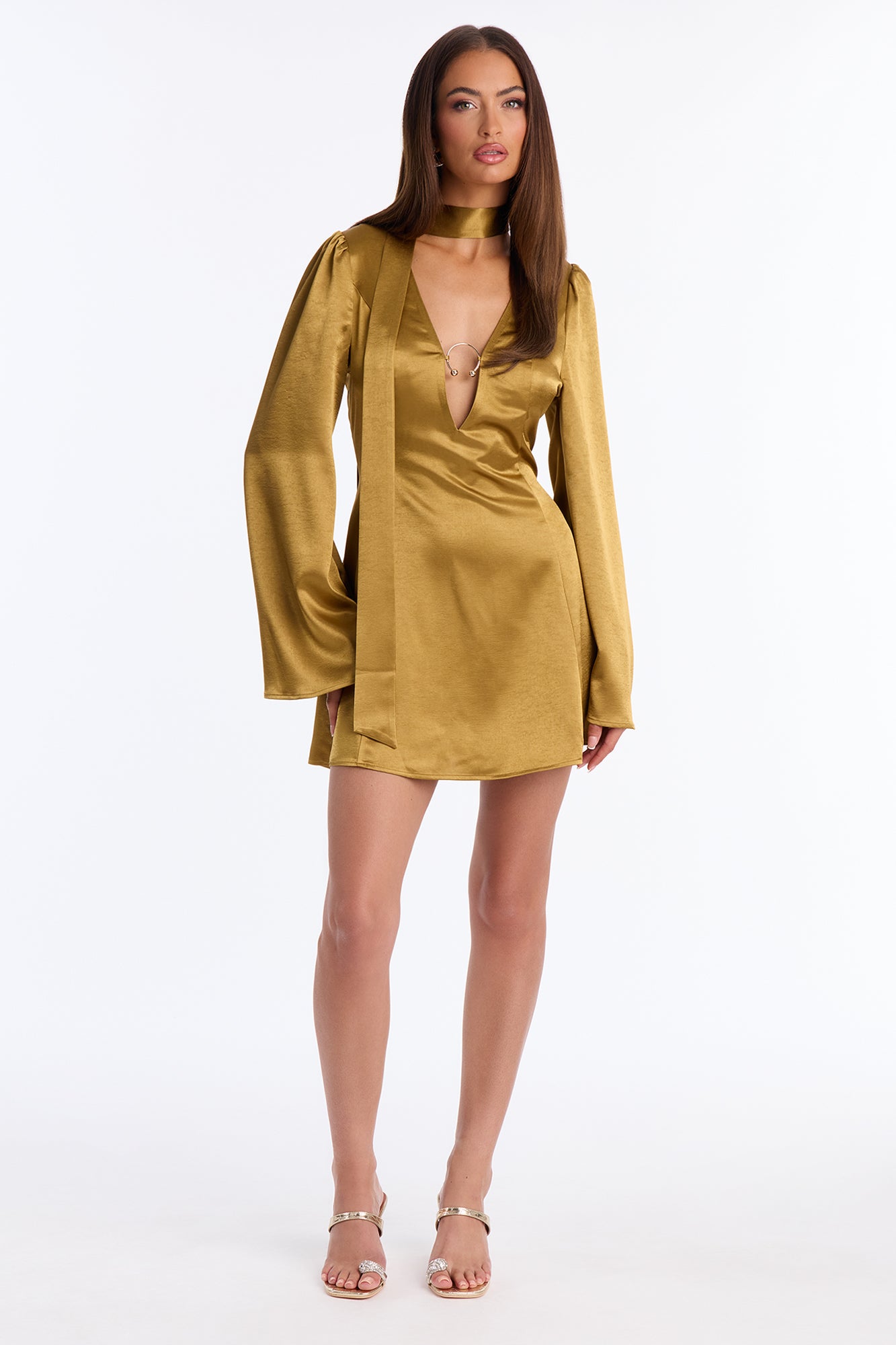 Jasmine Bell Sleeve Satin Mini Dress - Gold