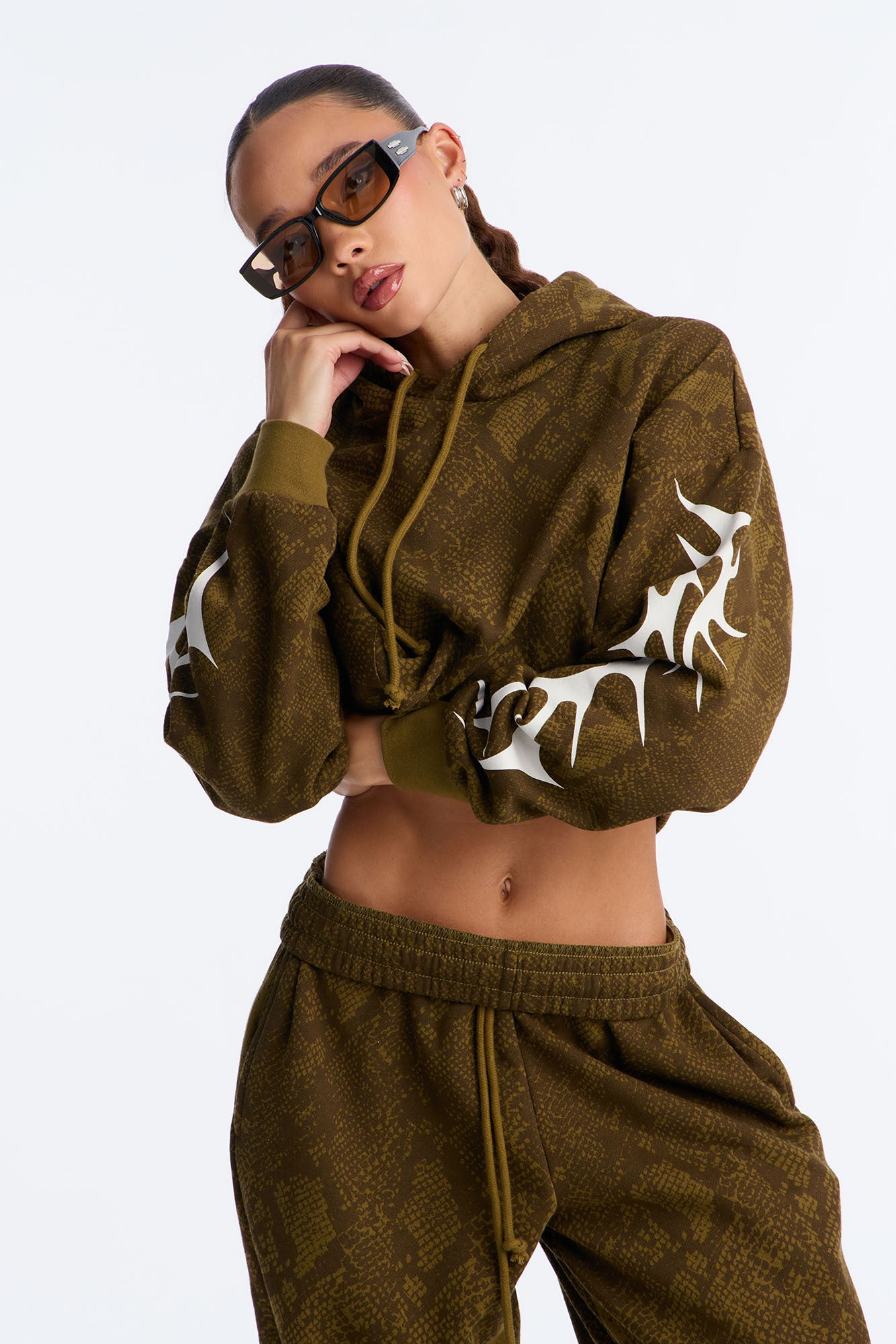 Synthia Snake Fleece Pant Set - Olive