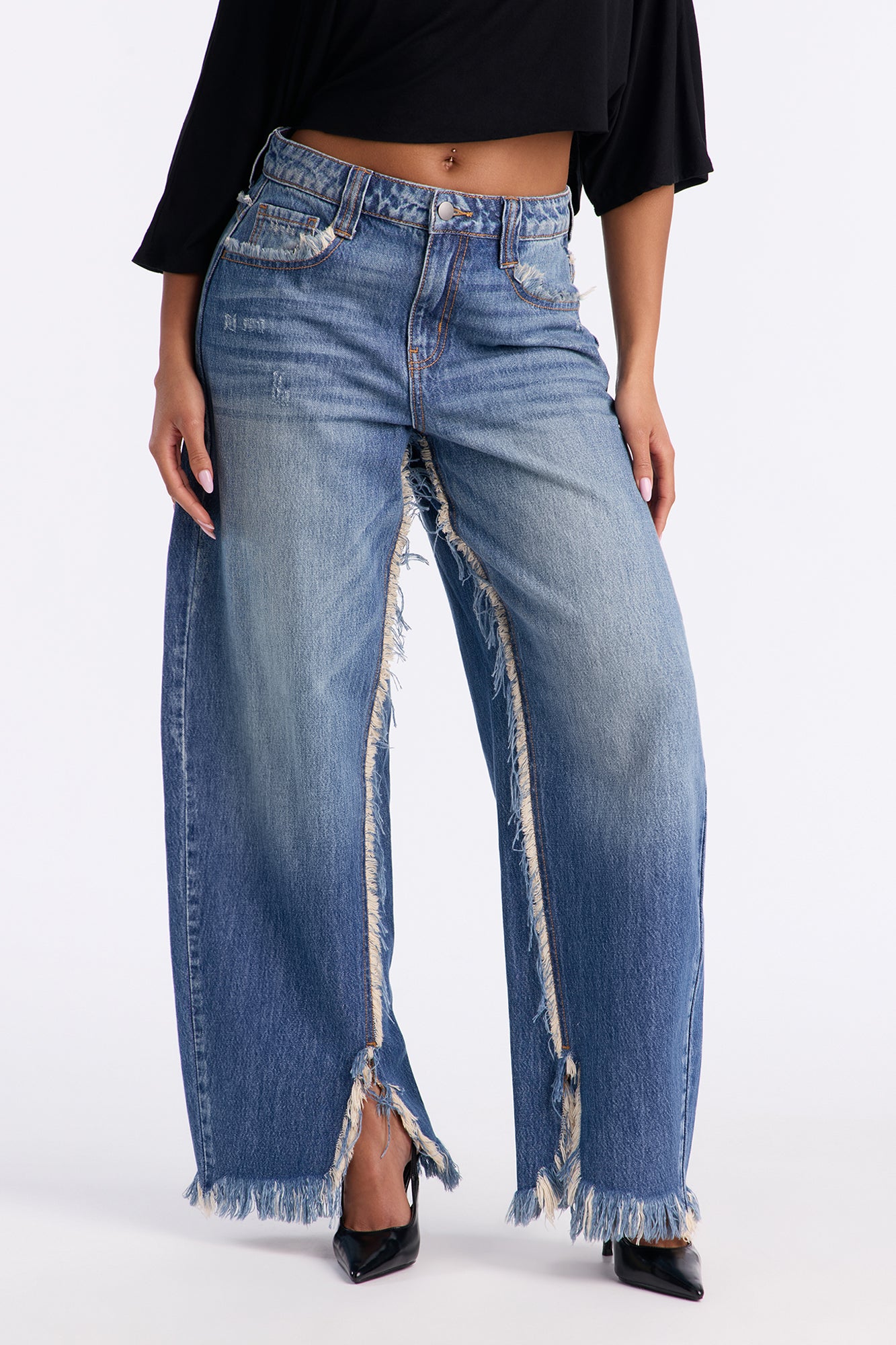 Electrified Frayed Barrel Leg Jeans - Dark Wash