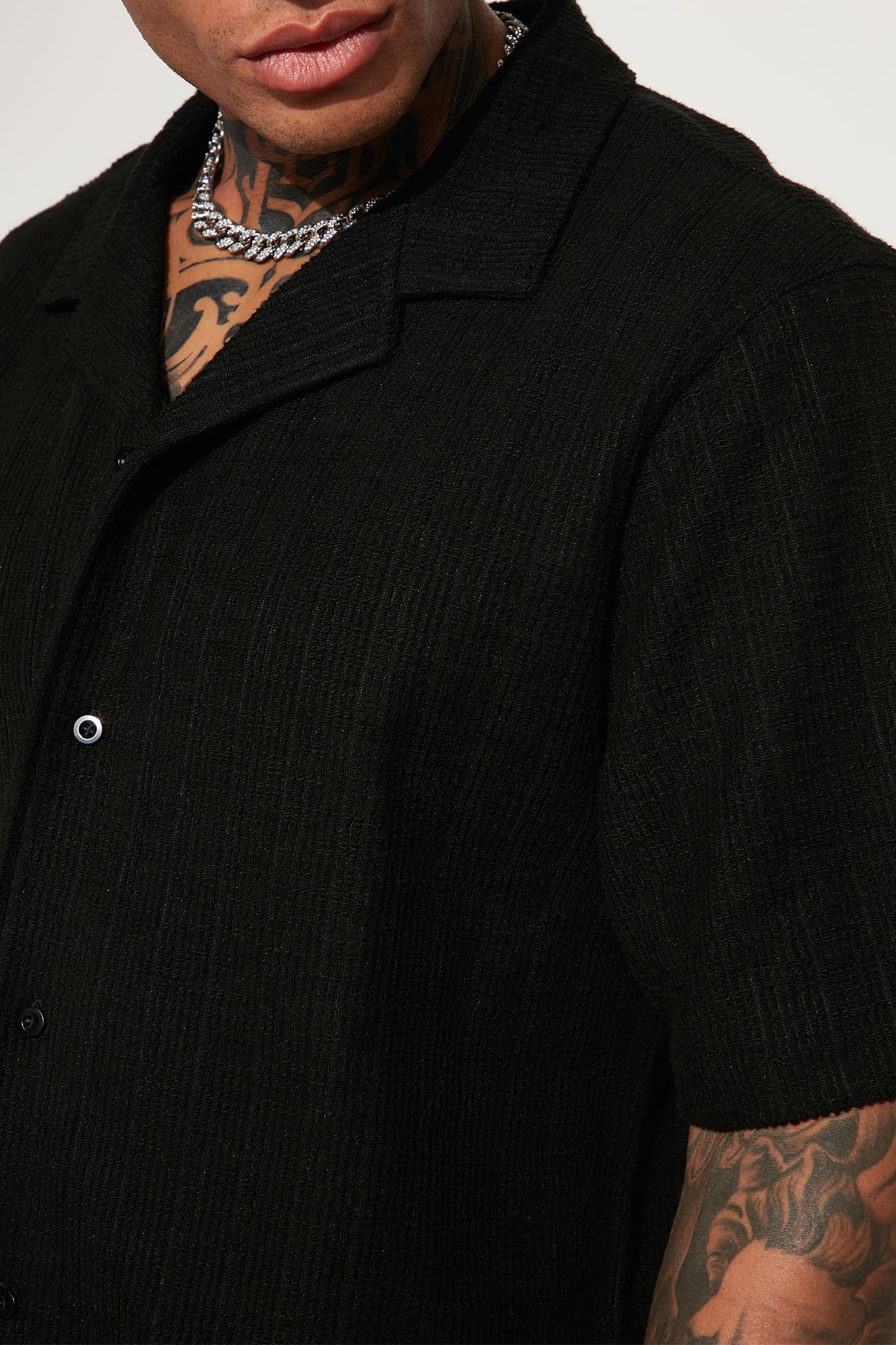 Dean Textured Short Sleeve Button Up Shirt - Black