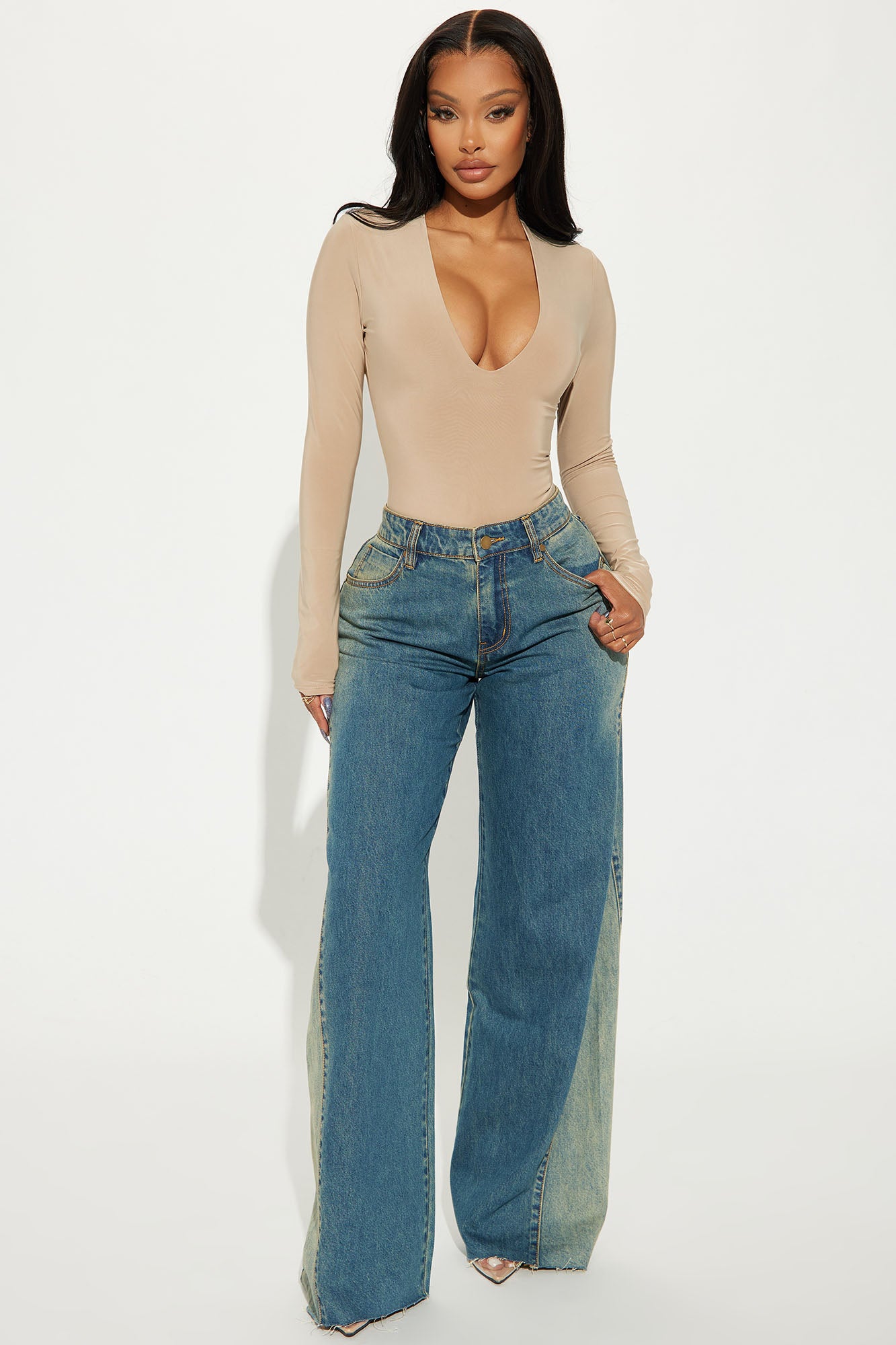 Take The Plunge Lined Long Sleeve Bodysuit - Nude