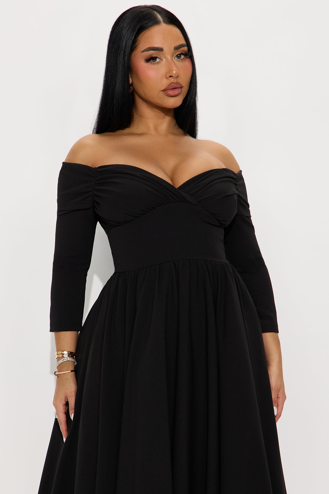 Abby Off Shoulder Crepe Knit Midi Dress - Black
